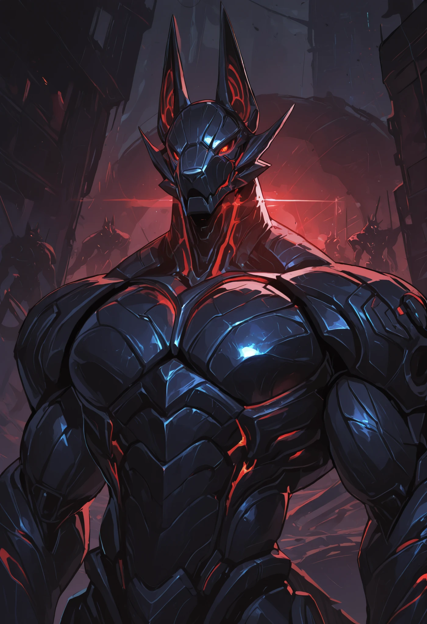 score_9, score_8_up, score_7_up, score_6_up, score_5_up, score_4_up, gigerworld, anthro jackal, heavy armor under the jacket, bulky, wide chest, monstrous
cybrog, anthro, jackal, male, Muscle, Delicate face, Delicate eyes, 1 big tail, (glowing LED), rubber goo body, evil looking, crimson glowing eyes, black steel scales, black and evil armor, futuristic evil armor, heavy armor, snout-cover armored mask, faceless head, balanced physique, muscle-shaped armor, war machine, muscular physique, thick arms and legs, claws, warframe, cyborg,
hands behind the back, levitating, advanced and stylish design, dutch angle, portrait, upper body focus, minute details, detailed background, newest, debris, ruins, underground laboratory, extremely detailed CG unity 8k wallpaper, realistic, masterpiece, highest quality, realistic, masterpiece, highest quality, lens flare, unreal engine, trending on ArtStation, Intricate, High Detail, dramatic, realism, beautiful and detailed lighting, shadows