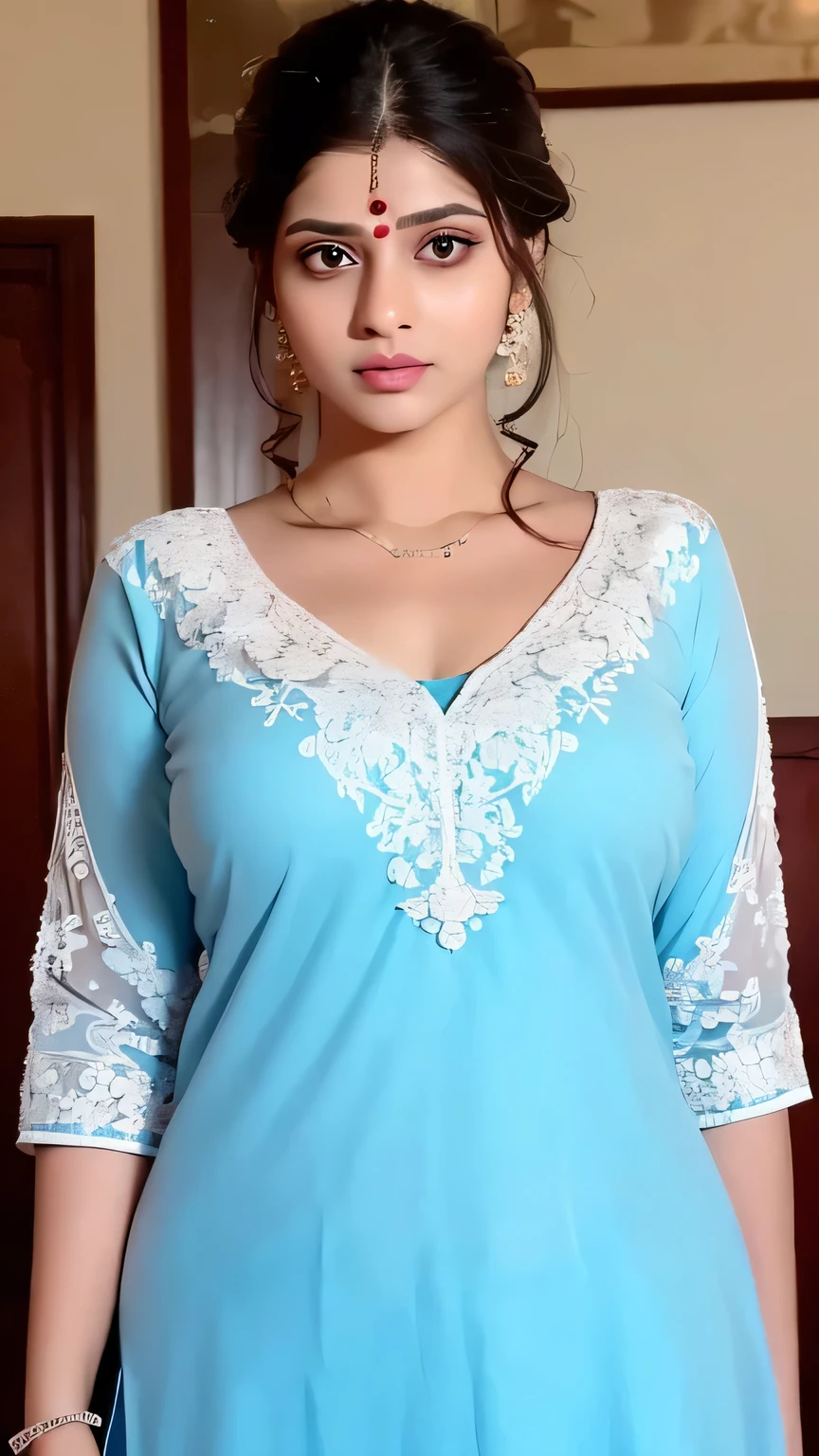 A mature Indian girl, very cute face, face of a beautiful indian housewife, standing in an Indian house lawn, desi household, midnight, darkroom, camera flash, gradient background. super curvy figure, well-defined curves, with beautiful breasts, mature breasts, gigantic breasts, perfectly shaped real breasts. Photorealistic, hyperrealistic, ultra-realistic real-life woman, ultra 4k quality, 8k, high resolution, ultra-detailed, Hd image quality, 4k image. detailed face, cutest face, most beautiful, pretty and delicately gorgeous, beautiful detailed eyes, perfect shaped eyes, long eyelashes, detailed lips, perfect closed lips, proper upper lips, symmetrical curvy lips, extremely detailed skin, realistic skin texture, skinspot, shiny wet skin, extreme sweat all over skin, detailed sweaty skin, sweating heavily, sweat on belly, (soaked in sweat :1.2). Her hands are perfectly shaped, perfect fingers, perfectly shaped head features. Cinematic lighting, dramatic lighting, bright light. Indian bridal makeup, beautiful makeup face, heavy face makeup, eyeliner kajal, eye makeup, designer bindi, red bindi on forehead, curly hairbun, hairstyle, light jewelry. Wearing an Indian traditional dress salwar, punjabi salwar suit, proper patiala suit, realistic Indian salwar, cotton salwar, proper full-body salwar, beautiful floral salwar, perfect salwar covering body properly, full-body salwar kamiz, beautiful embroidery pattern on salwar, salwar colour palette: pink, red, proper salwar sleeves, half sleeves, intricate zari work on borders, delicate sequin embellishments, subtle mirror work accents, elegant tassel details, embroidery, traditional churidar-style pants with fine pleats, show half body, realistic body. Closeup, face closeup