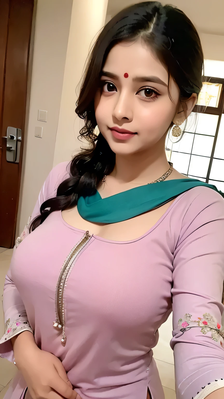 A mature Indian girl, very cute face, face of a beautiful indian housewife, standing in an Indian house lawn, desi household, midnight, darkroom, camera flash, gradient background. super curvy figure, well-defined curves, with beautiful breasts, mature breasts, gigantic breasts, perfectly shaped real breasts. Photorealistic, hyperrealistic, ultra-realistic real-life woman, ultra 4k quality, 8k, high resolution, ultra-detailed, Hd image quality, 4k image. detailed face, cutest face, most beautiful, pretty and delicately gorgeous, beautiful detailed eyes, perfect shaped eyes, long eyelashes, detailed lips, perfect closed lips, proper upper lips, symmetrical curvy lips, extremely detailed skin, realistic skin texture, shiny wet skin, extreme sweat all over skin, detailed sweaty skin, sweating heavily, sweat on belly, (soaked in sweat :1.2). Her hands are perfectly shaped, perfect fingers, perfectly shaped head features. Cinematic lighting, dramatic lighting, bright light. Indian bridal makeup, beautiful makeup face, heavy face makeup, eyeliner kajal, eye makeup, red bindi on forehead, curly hairbun, hairstyle, light jewelry. Wearing an Indian traditional dress salwar, punjabi salwar suit, proper patiala suit, realistic Indian salwar, cotton salwar, proper full-body salwar, beautiful floral salwar, perfect salwar covering body properly, full-body salwar kamiz, beautiful embroidery pattern on salwar, salwar colour palette: pink, red, proper salwar sleeves, half sleeves, intricate zari work on borders, delicate sequin embellishments, subtle mirror work accents, elegant tassel details, embroidery, traditional churidar-style pants with fine pleats, show half body, realistic body. Closeup, face closeup