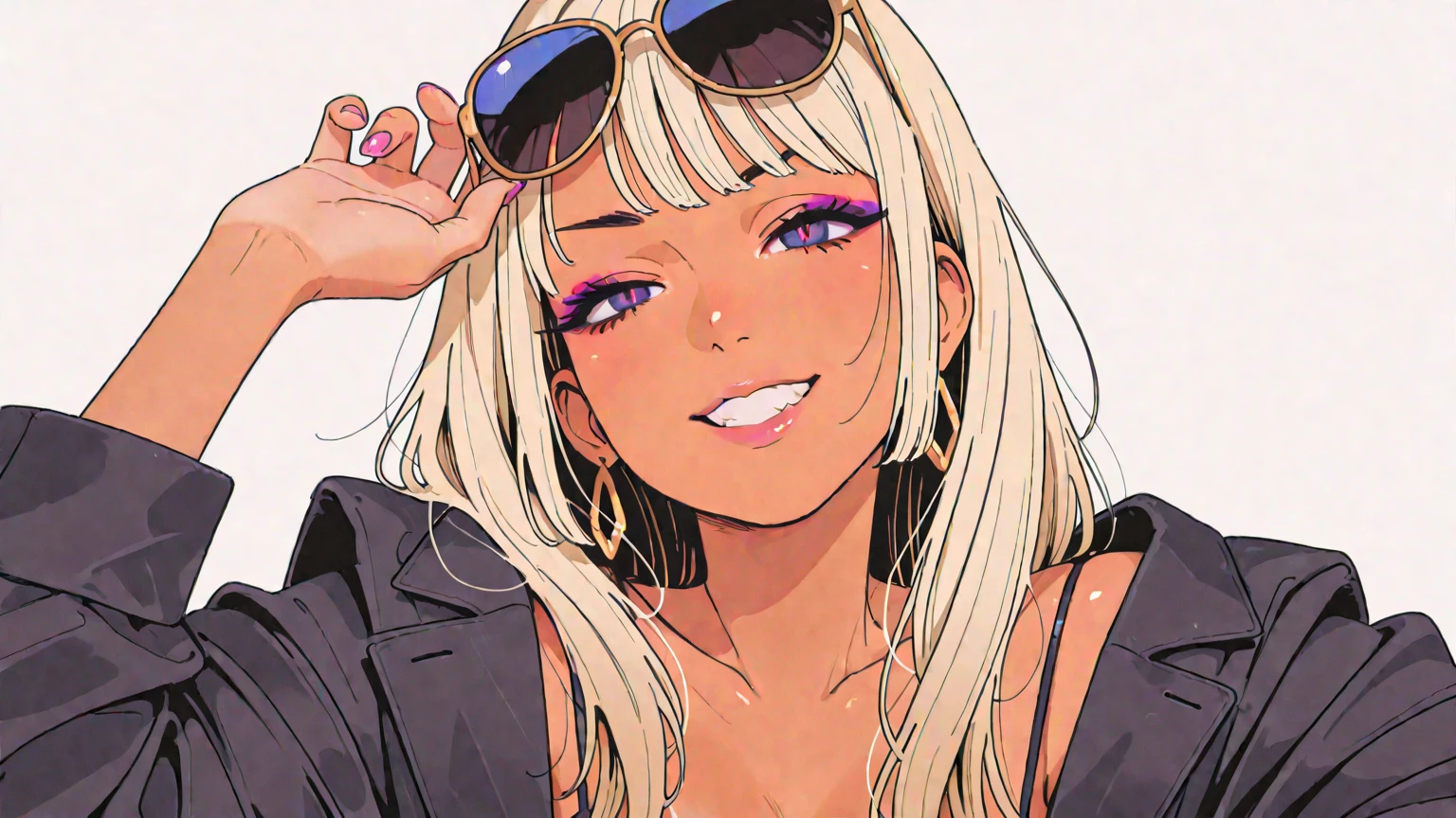 score_9,  score_8_up, score_7_up, umamusume, horse ears, horse tail, horse girl, 1girl, solo, dark-skinned female, blonde hair, dark skin, phone, jewelry, sunglasses, earrings,  twintails, drill hair, crop top, handbag, very long hair, hair ornament, midriff, choker, makeup, bracelet, navel piercing, , piercing, hairclip, necklace, ring, looking to the side, brown eyes, smile, sparkle, cowboy shot, cropped shirt, blue skirt, fur trim, alternate costume, short sleeves, forehead, white shirt, standing, gyaru, glasses, fishnets, ear piercing, tattoo, fur-trimmed skirt, eyeshadow, parted lips