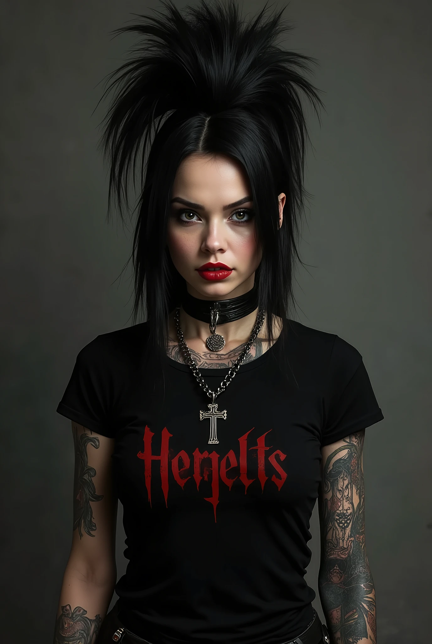 ,  close up, ,  pose, Melena is a beautiful necromancer., black fur, in the style of a Heavy Metal magazine cover, low-cut robe with high details, High detail face, high detailed leather, fit athletic body, Heavy metal aesthetics, necromancer's lair background, high quality, Masterpiece, realistic photo, intricately detailed, 8k, HDR, shallow depth of field, wide light, High contrast, backlight, light flares, chromatic aberration, sharp focus, Raw color photo, looking to the camera, cold colors,  pose,  smile