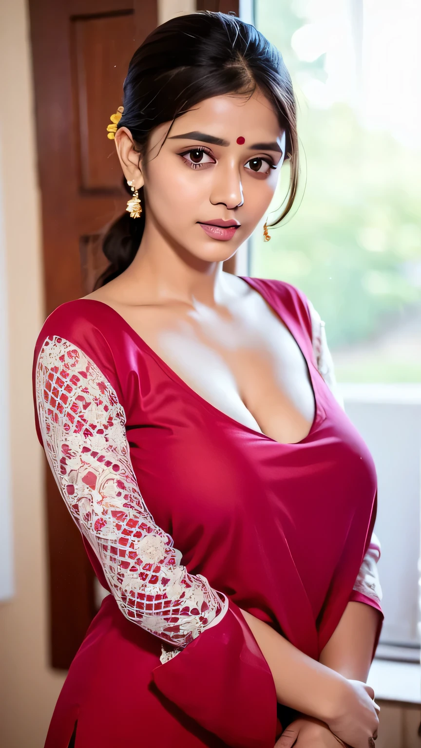 A mature Indian girl, very cute face, face of a beautiful indian housewife, standing in an Indian house lawn, desi household, midnight, darkroom, camera flash, gradient background. super curvy figure, slight view of cleavage, well-defined curves, with beautiful breasts, mature breasts, gigantic breasts, perfectly shaped real breasts. Photorealistic, hyperrealistic, ultra-realistic real-life woman, ultra 4k quality, 8k, high resolution, ultra-detailed, Hd image quality, 4k image. detailed face, cutest face, most beautiful, pretty and delicately gorgeous, beautiful detailed eyes, perfect shaped eyes, long eyelashes, detailed lips, perfect closed lips, proper upper lips, symmetrical curvy lips, extremely detailed skin, realistic skin texture, shiny wet skin, extreme sweat all over skin, detailed sweaty skin, sweating heavily, sweat on belly, (soaked in sweat :1.2). Her hands are perfectly shaped, perfect fingers, perfectly shaped head features. Cinematic lighting, dramatic lighting, bright light. Indian bridal makeup, beautiful makeup face, heavy face makeup, eyeliner kajal, eye makeup, red bindi on forehead, curly hairbun, hairstyle, light jewelry. Wearing an Indian traditional dress salwar, punjabi salwar suit, proper patiala suit, realistic Indian salwar, cotton salwar, proper full-body salwar, beautiful floral salwar, perfect salwar covering body properly, full-body salwar kamiz, beautiful embroidery pattern on salwar, salwar colour palette: pink, red, proper salwar sleeves, half sleeves, intricate zari work on borders, delicate sequin embellishments, subtle mirror work accents, elegant tassel details, embroidery, traditional churidar-style pants with fine pleats, show half body, realistic body. Closeup, face closeup