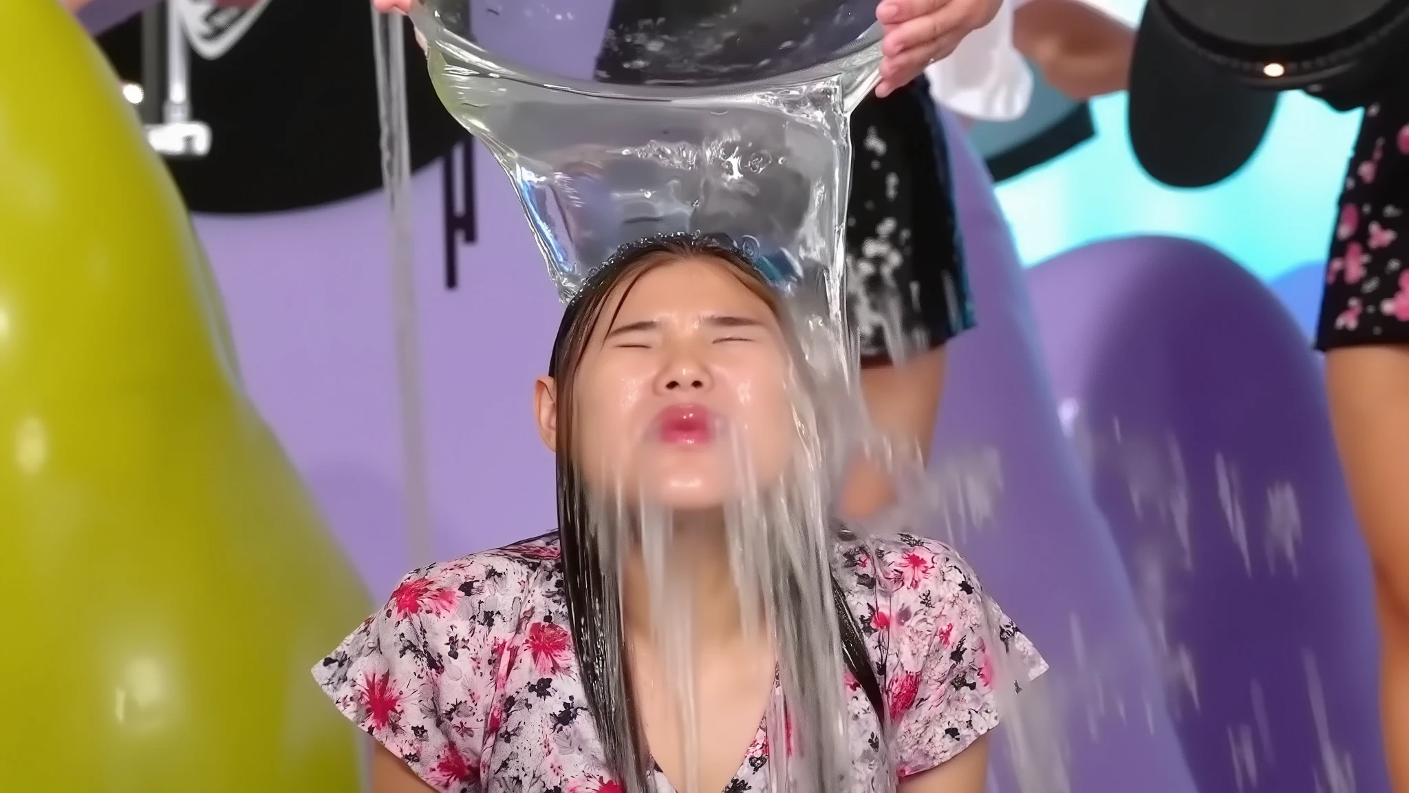 Close-up portrait of a blonde beauty in pure shock as water pours over her face, hair slicked back and dripping, crystalline droplets cascading down, floral puff sleeve dress, professional photography, natural outdoor lighting, vibrant country fair atmosphere in background, photorealistic detail, high-end beauty shot