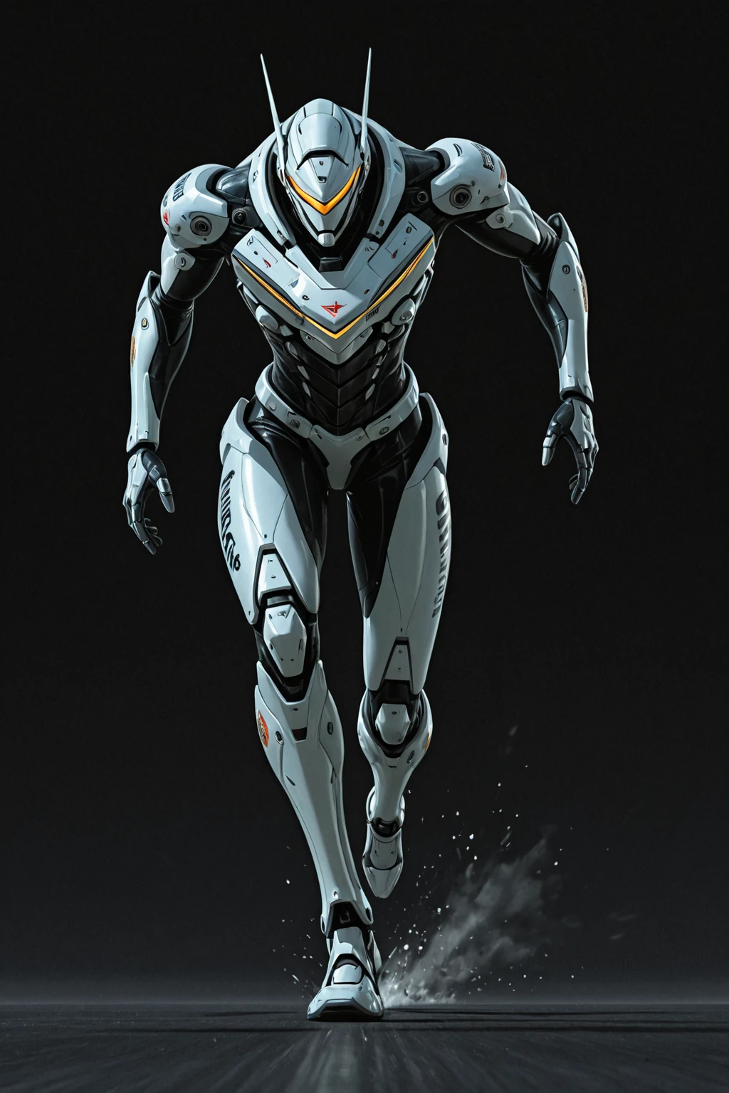 Full body image, anime android robot boy, 1boy, (()), shiny,  ((black:1.0 and white:0.5)) sci-fi , short black hair, red eyes, neutral expression, plain white background