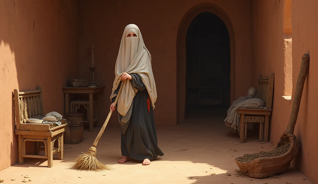 A 52 years old  Malay woman in peach color hijab, standing and smiling by the old wooden cabin in a dark forest, facing away from the camera, back view, darker skin, bending pose, curvier body, short body, standing with legs spread