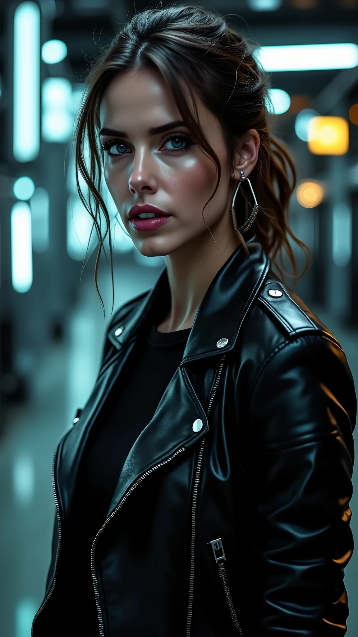 a beautiful young woman with intense cyberpunk city night behind her, wearing a leather jacket, , and black jeans, dramatic lighting, (police badge:1.2), detailed  features, highly detailed, photorealistic, 8k, award winning art