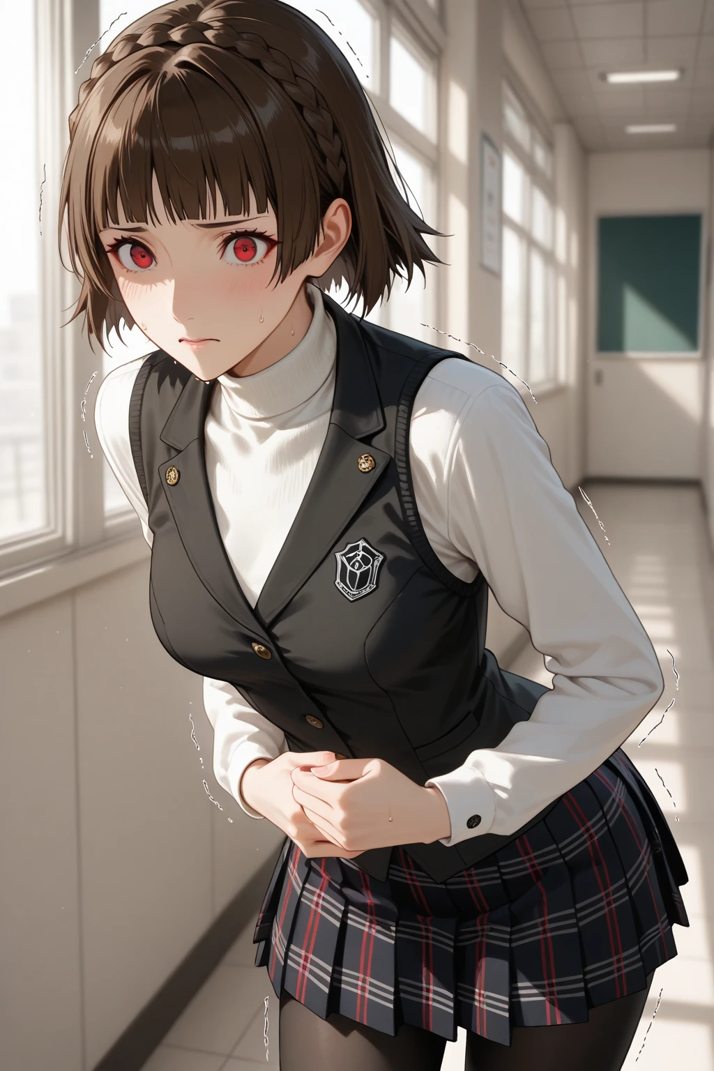 makotonijima, makoto nijima, blunt bangs, braid, brown hair, crown braid, (red eyes:1.3), short hair,
BREAK blouse and cardigan,
BREAK looking at viewer,standing, leaning forward, arms behind back,
BREAK indoors, classroom,
BREAK (masterpiece:1.2), best quality, high resolution, unity 8k wallpaper, (illustration:0.8), (beautiful detailed eyes:1.6), extremely detailed face, perfect lighting, extremely detailed CG, (perfect hands, perfect ),