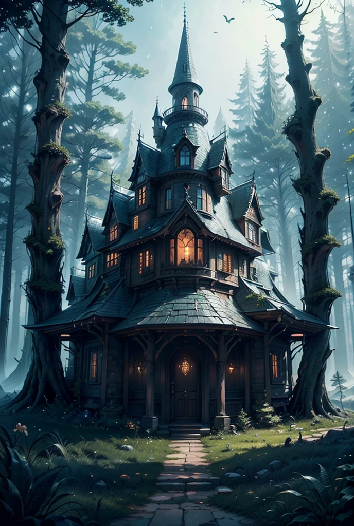 Microlandscape，Elven village, cleanness，Glass texture，intricate detailed, Brilliant colors，Magical art, no mist, black background