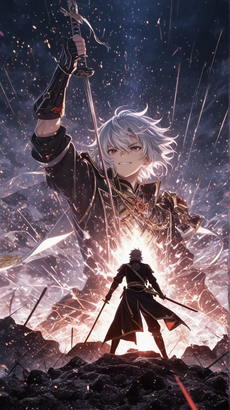 (highest quality、masterpiece、High resolution、detailed)､(Shining eyes、detailed beautiful face)、14 year old boy, Good person, white skin albino, short gray hair, white hair covering ears, giant elf ears, Pointy, hairy ears, purple eyes, light firepower, The power of the sun, pyrokinesis, material manipulation, no anger, golden clothes, fully clothed, wear a shirt, no muscles