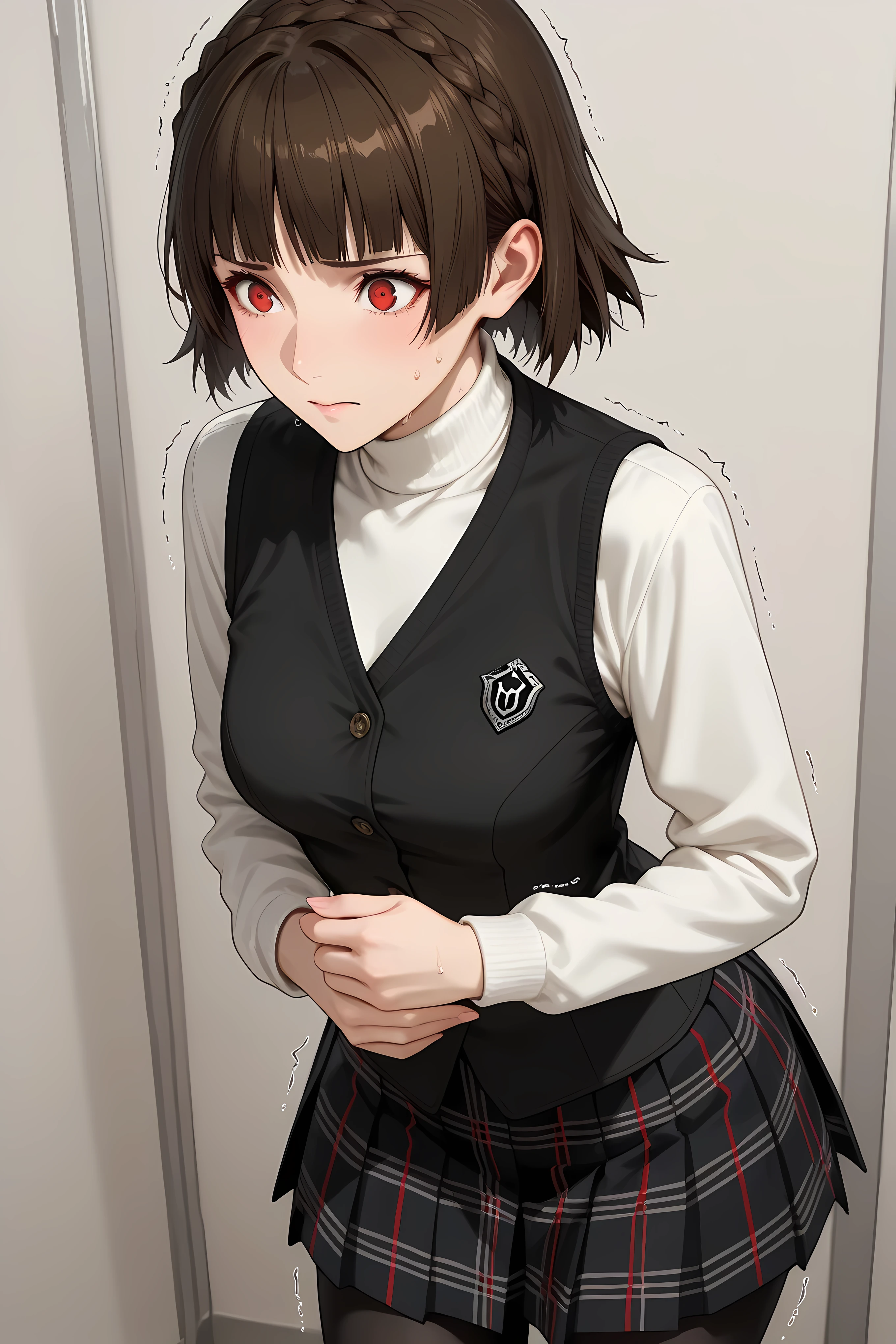 makoto niijima, blunt bangs, braid, brown hair, crown braid, red eyes, short hair, ,
black pantyhose, black skirt, black vest, checkered clothes, checkered skirt, long sleeves, miniskirt, pantyhose, plaid, plaid skirt, pleated, pleated skirt, school uniform, shirt, shuujin academy school uniform, skirt, sweater, sweater vest, turtleneck, turtleneck sweater, vest, white shirt, white sweater, upper body close up, 

Solo, general, masterpiece, highres, ultra-detailed, hyper-detailed, best quality,  amazing quality, very aesthetic, best hands, best eyes, best hand
adult woman, 1woman, both hand on own stomach, sweat,  leaning forward, nervous, scared, trembling legs, Japanese school hallway
