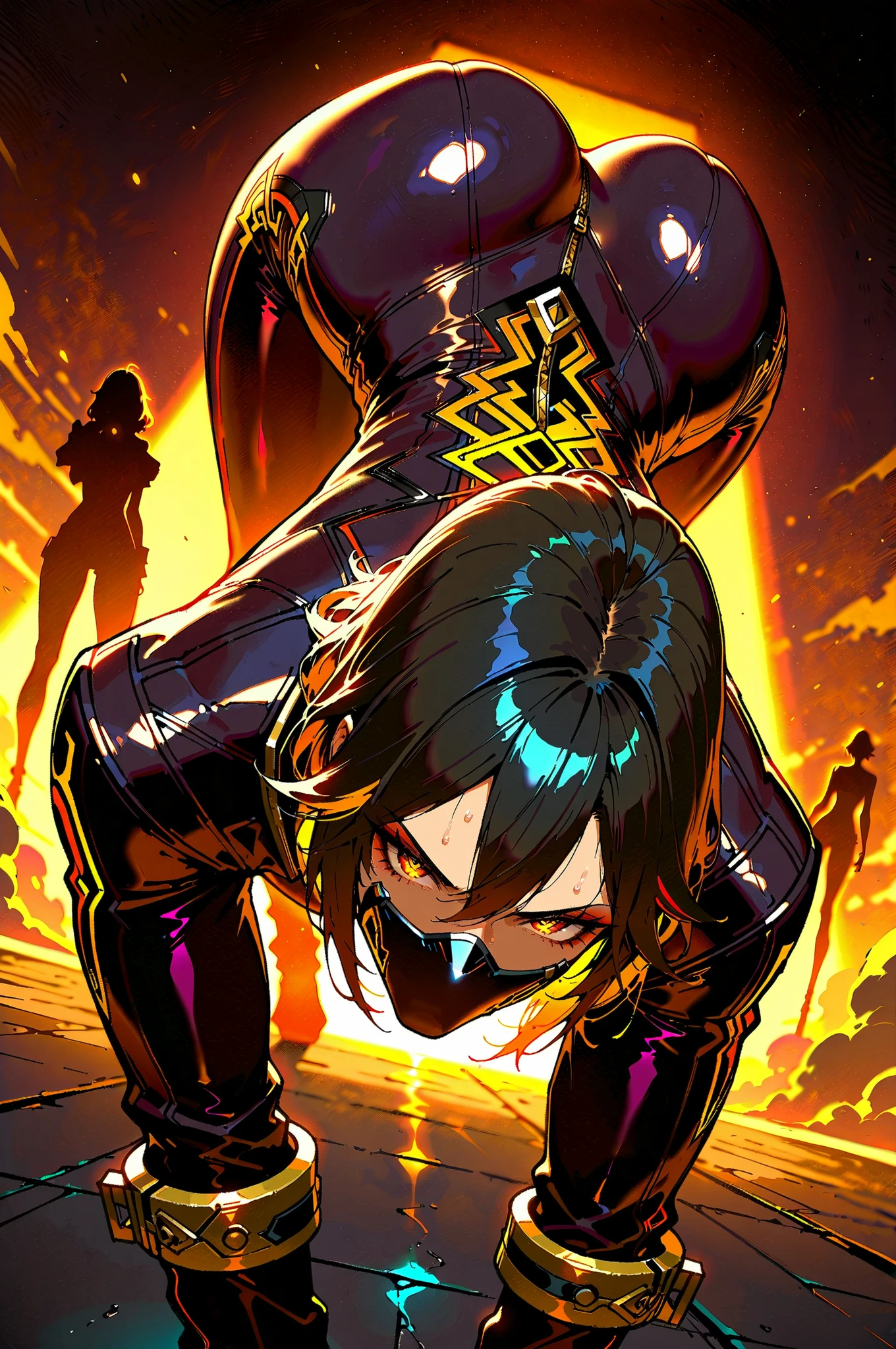 (masterpiece:1.2, Highest Quality,Super Detailed,strong backlighting:1.3,silhouette:1.45),, , // character, 1 Solo Female Mercenary, Shackle Motorized Troop Choccasein , 1.2,expression: expression full of murderous intent,PURPLE LEATHER TIGHT SUIT:1.2, Crawling pose, //Background, at night Background:1.2,,8k,Unreal Engine 5.Unity.Octanellender, Full sweatshirt , Sweating, Full of smoke , full of smoke, viewer, face Full sweatshirt , SWEAT DETAILS, robot cockpit