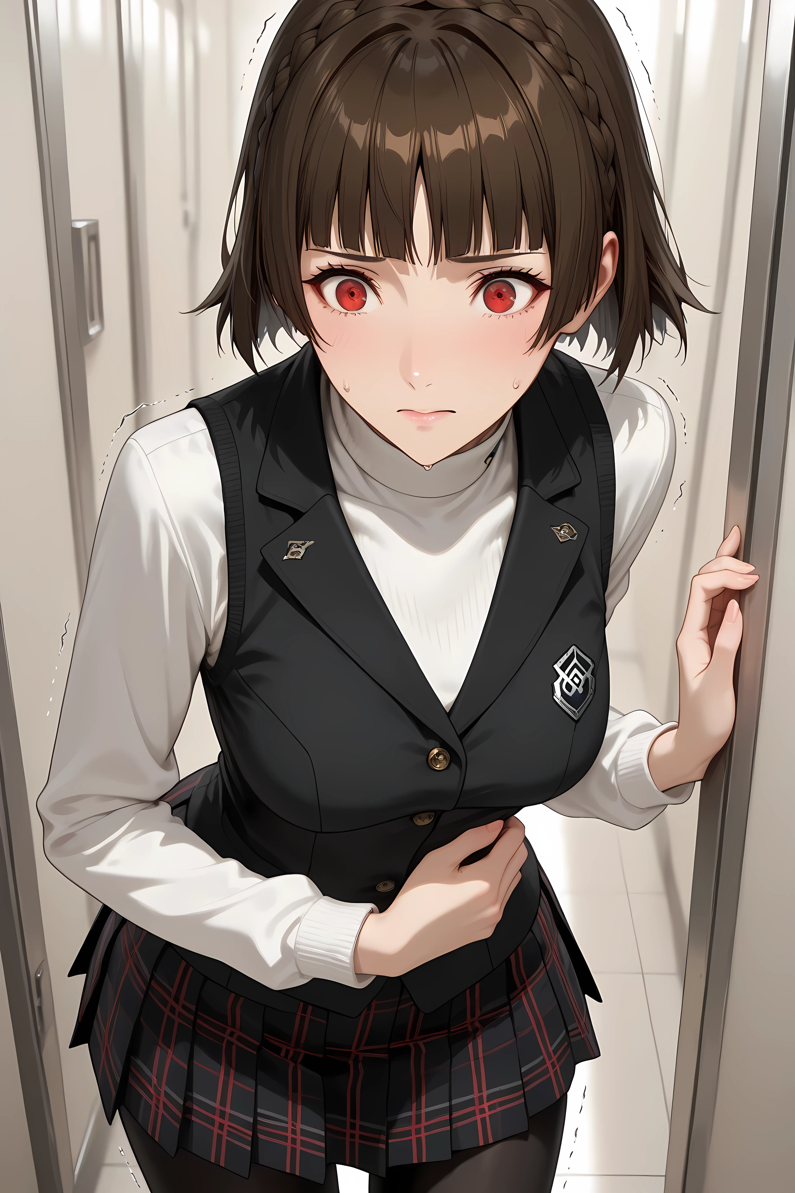 makoto niijima, blunt bangs, braid, brown hair, crown braid, red eyes, short hair, ,
black pantyhose, black skirt, black vest, checkered clothes, checkered skirt, long sleeves, miniskirt, pantyhose, plaid, plaid skirt, pleated, pleated skirt, school uniform, shirt, shuujin academy school uniform, skirt, sweater, sweater vest, turtleneck, turtleneck sweater, vest, white shirt, white sweater, upper body close up, 

Solo, general, masterpiece, highres, ultra-detailed, hyper-detailed, best quality,  amazing quality, very aesthetic, best hands, best eyes, best hand
adult woman, 1woman, both hand on own stomach, sweat,  leaning forward, nervous, scared, trembling legs, Japanese school hallway
