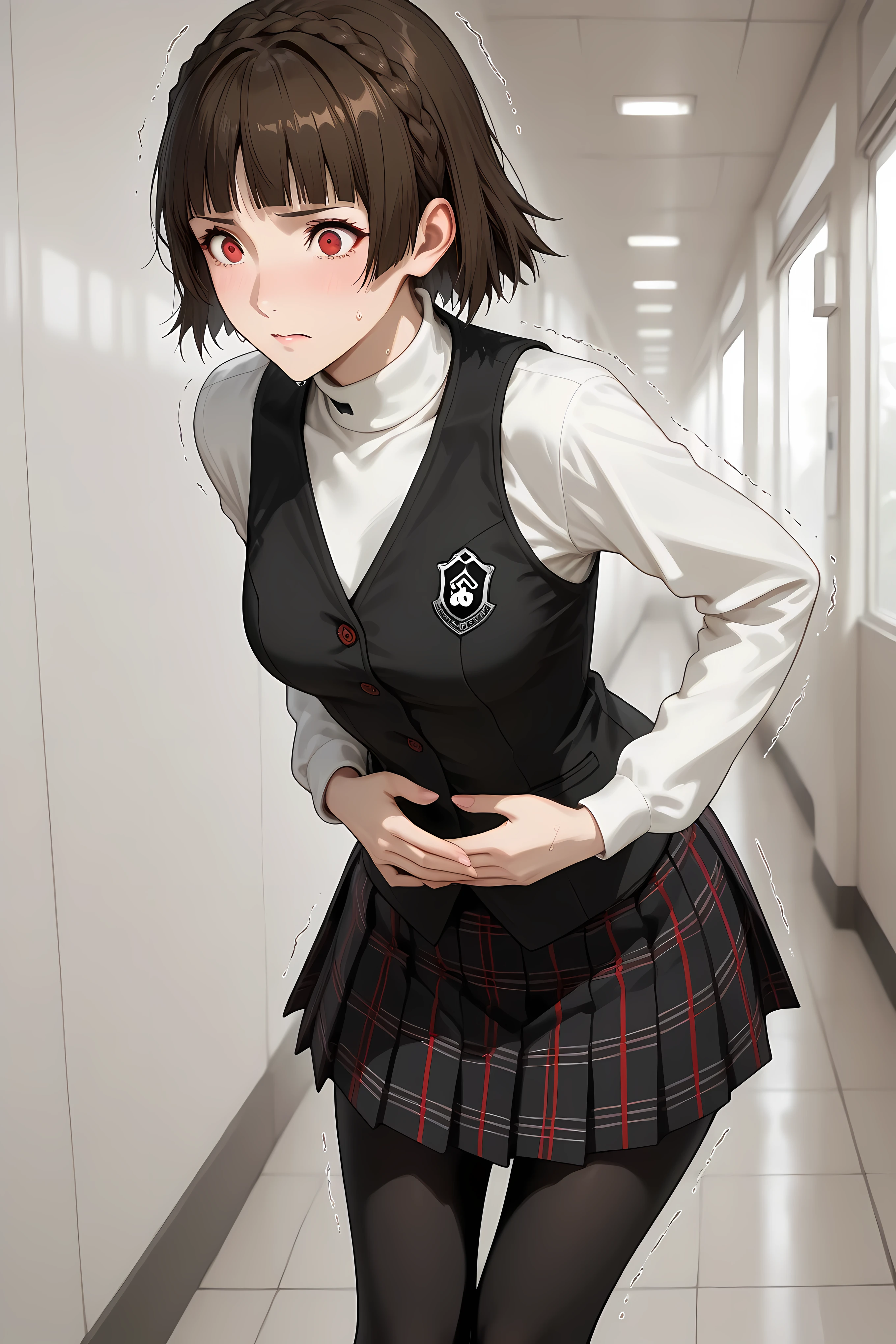 makoto niijima, blunt bangs, braid, brown hair, crown braid, red eyes, short hair, ,
black pantyhose, black skirt, black vest, bow, checkered clothes, checkered skirt, long sleeves, miniskirt, pantyhose, plaid, plaid skirt, pleated, pleated skirt, red bow, school uniform, shirt, shuujin academy school uniform, skirt, sweater, sweater vest, turtleneck, turtleneck sweater, vest, white shirt, white sweater,,

Solo, general, masterpiece, highres, ultra-detailed, hyper-detailed, best quality,  amazing quality, very aesthetic, best hands, best eyes, best hand
adult woman, 1woman, both hand on own stomach, sweat,  leaning forward, nervous, scared, trembling legs, Japanese school hallway
