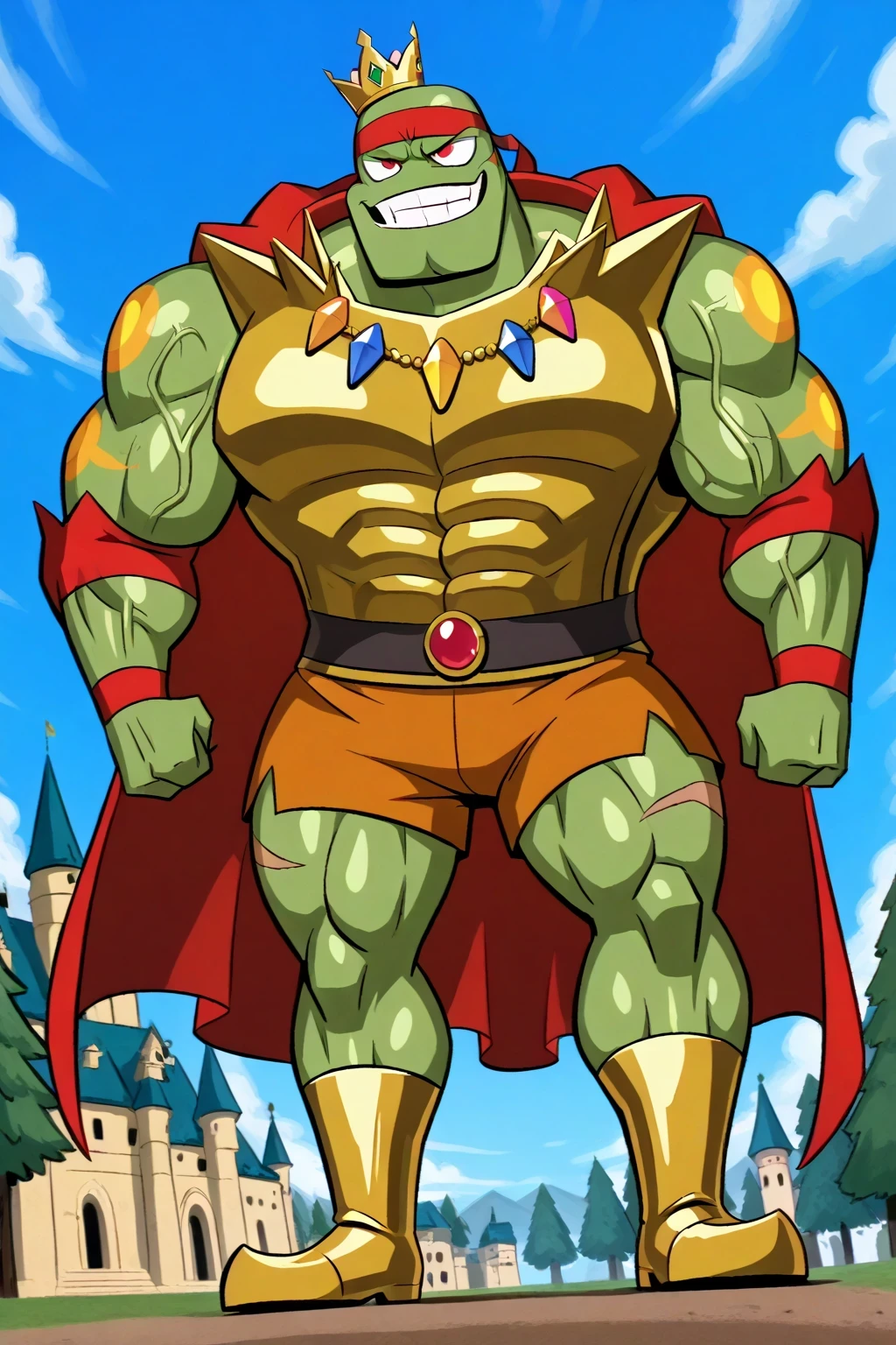 A green giant cartoon 2d frog king, gigantic chin, biggest muscular body, ginomous biceps enormous pectorals, detailed abs, golden armor with colorful jewels, golden bracelets with colorful jewels, golden necklaces with colorful jewels, golden chest with colorful jewels, golden wrestler champions belt with colorful jewels, Red headband. Golden wrist tape with colorful jewels. Golden elbow pads with colorful jewels, Golden kneepads with colorful jewels, ripped orange shorts, tattoos and scars, veins, bigger cartoon yellow frog eyes, red eyes, green skin, golden king crown with colorful jewels, saturaded green skin, big frog feets, golden boots with colorful jewels, wearing a ripped very long red cape, powerful smile expression, feral, smug, dark green eyebrows, sharp teeths, castle and village background, trees, blue sky and clouds background, full body, macro size, giant size, 50-foot size, 100-feet tall, big powerful muscles, veins, rose and fire tattoos, saturaded colors palette, fairytale fantasy scene, dynamic angle.