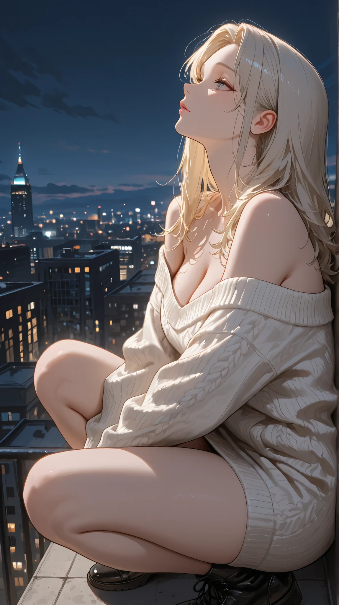 The girl sits pensively against the backdrop of the nightscape at dusk. A side view of her profile as she gazes blankly down at the city lights, a photograph capturing her contemplative state at twilight. The city's reflected glow casts a dim light, stretching her shadow long. She wears an off shoulder sweater. Apply a dreamlike filter; capture a photo that feels real yet emotionally charged).((Portrait)), A woman in white clothing,((off shoulder sweater)),Gwise-style work, gwise masterpiece , Detailed digital anime art, White-blonde girl, gray hair, sky-blue eyes, pink lips, cleavage, rooftop of a city building, ((Late night: 1.3)), (Side view, shot from below, full body)