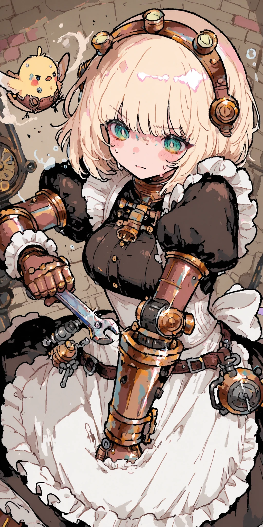 steampunk,The robot and the girl,1girl and 1robot,A girl is fixing a broken robot,sweat,maid clothes,Wrench,Action,dynamic,Anime Chick,masterpiece,Highest Quality,great quality,very beautiful,Newest,