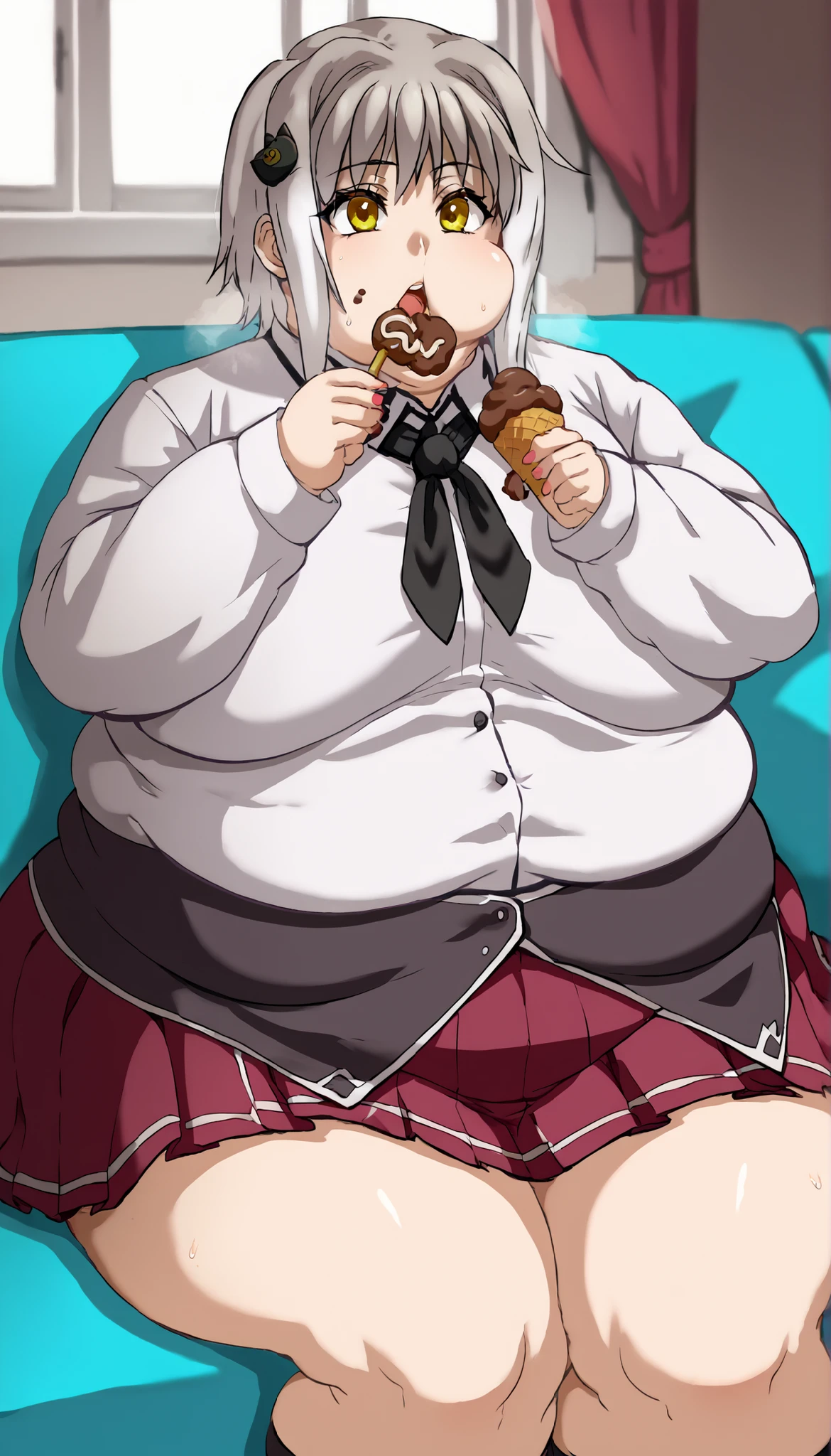 score_9, score_8_up, score_7_up, source_anime,
konekotoujou,
koneko toujou, short hair, hair ornament, yellow eyes, white hair,
skirt, school uniform, shirt, white shirt, collared shirt, neckerchief, black neckerchief, long sleeves, red skirt,, pretty beautiful mature old cute curvy slut bbw female woman , chubby ,big hairy milf big, cute, chubby, Obese, huge arms and legs, BBW、small wide open mouth, shortness of breath、sweat, puffy cheek, sitting on couch, eating chocolate, ice cream, cakes, cookies