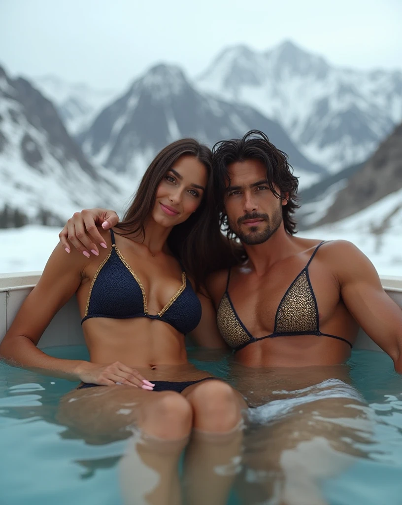 Russian Instagram Model Lily Ermak, 25 years old, holds her boyfriend James in a steaming hot tub amidst the winter landscapes of Switzerland. Her long, wavy chestnut hair cascades down her back, presenting a stark contrast against the snowy backdrop. Both of them are dressed in  outfits, Lily's in a vibrant red two-piece that accentuates her toned figure and James' in a classic black one that complements his tall and muscular build.

Lily's  top exposes her tanned, midsize  while her bottoms cling on to her curves. Her lips, painted in a dark red hue,