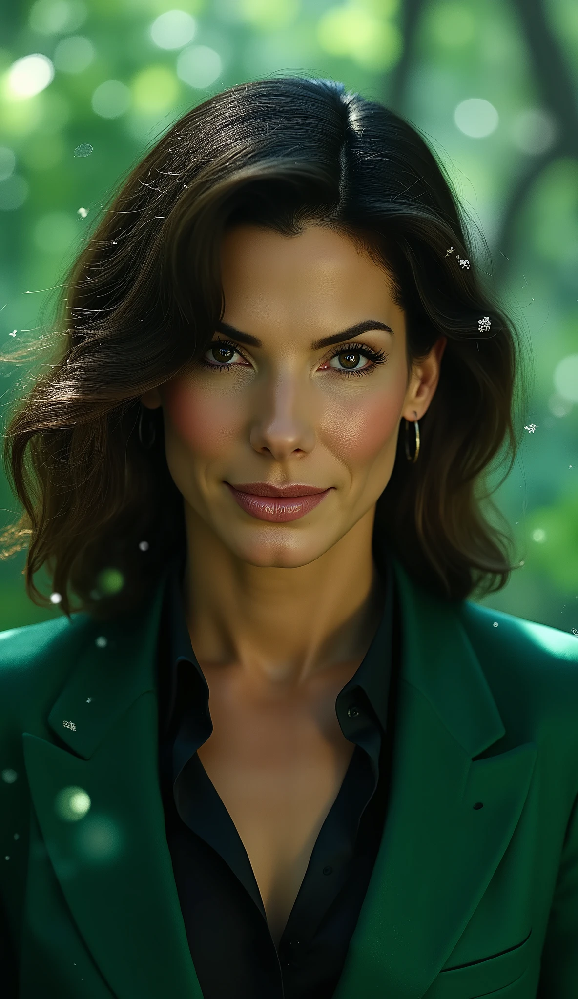 Photorealistic close-up of Sandra Bullock, terno emerald-green e camisa preta
Background: mystical forest with glowing particles.
Lighting: magical green highlights, cinematic shadows, 8K realism.