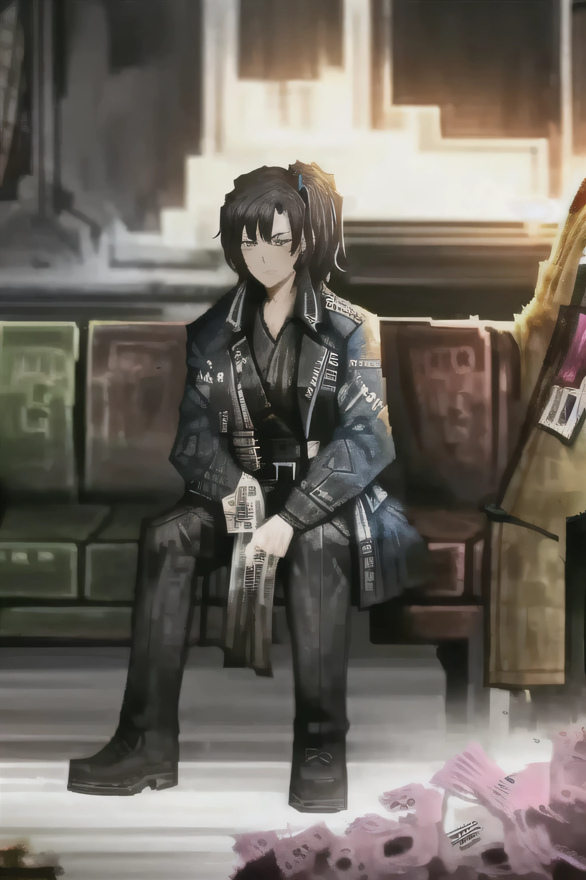 Wearing a trench coat, male, short height, and slim body, black hair, Asian, and side ponytail hairstyle. Sitting on a black couch.