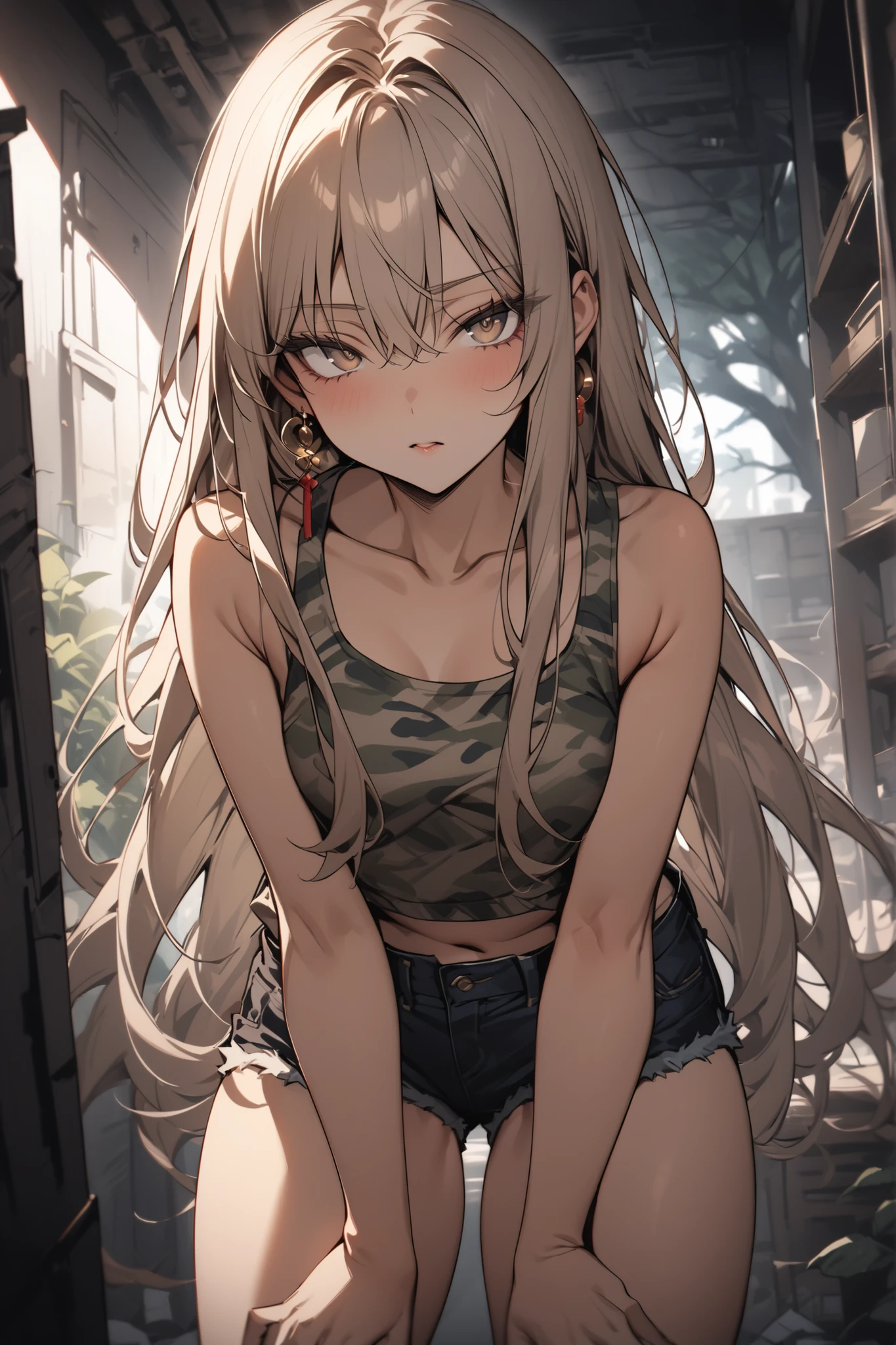 ((masterpiece,Highest Quality:1.2)),(soro),Slender,A junior high school girl who spreads her legs left and right in a dark warehouse and looks at us in a Nioh standing pose,cowboy shot,beautiful skin,(Thin thighs),(healthy tanned skin),light brown very long straight hair,Perfect brown eyes , tree eyes ,No expression,Camouflage Tank Top,black denim shorts,Gold Earrings