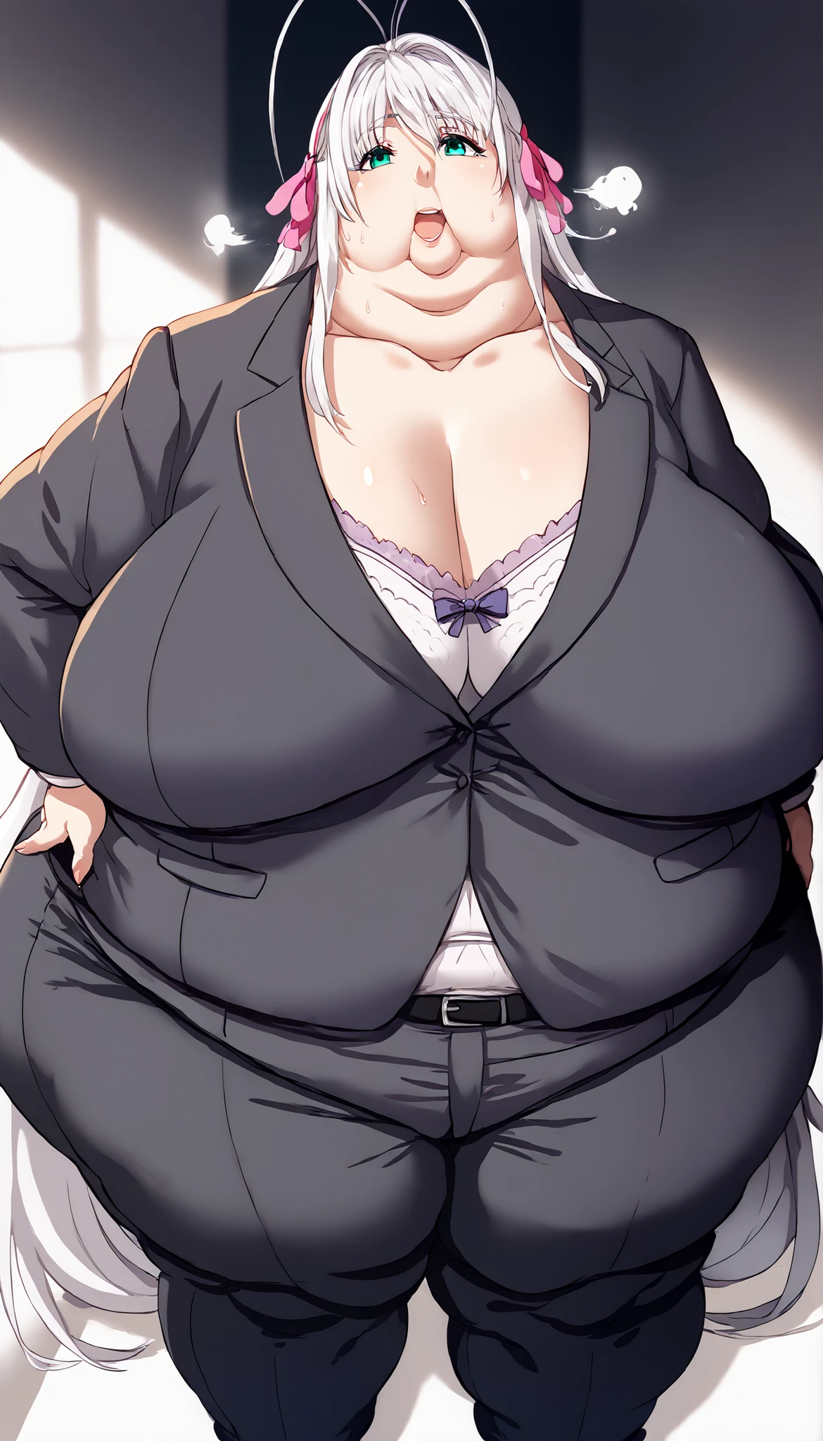 score_9, score_8_up, score_7_up, score_6_up, source_anime, 1girl, solo dxdRos, white hair, antenna hair, very long hair, cyan eyes, hair ribbon, black suit, formal, collarbone, black pants, (huge breasts:0.8),, pretty beautiful mature old cute curvy slut bbw female woman sexy, chubby ,big hairy milf big, cute, chubby, Obese, huge arms and legs, BBW、big chest wide open mouth, shortness of breath、sweat, puffy cheek