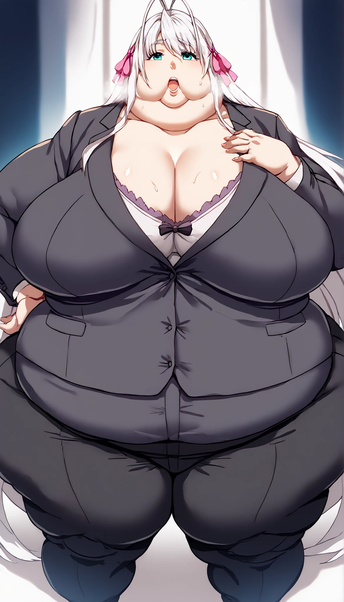 score_9, score_8_up, score_7_up, score_6_up, source_anime, 1girl, solo dxdRos, white hair, antenna hair, very long hair, cyan eyes, hair ribbon, black suit, formal, collarbone, black pants, (huge breasts:0.8),, pretty beautiful mature old cute curvy slut bbw female woman sexy, chubby ,big hairy milf big, cute, chubby, Obese, huge arms and legs, BBW、big chest wide open mouth, shortness of breath、sweat, puffy cheek