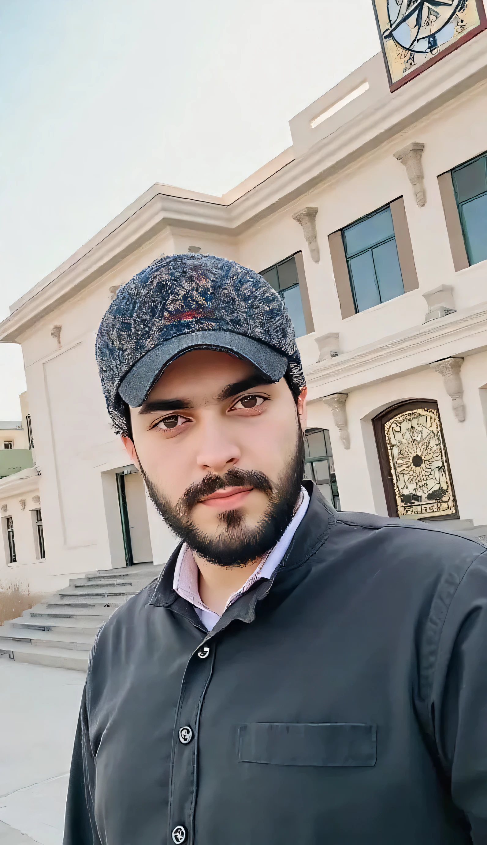 there is a man standing in front of a building with a clock on it, khyzyl saleem, kyza saleem, ash thorp khyzyl saleem, very clear picture, very very low quality picture, ayan nag, uploaded, roshan, by Riza Abbasi, sayem reza, riyahd cassiem, portait photo profile picture