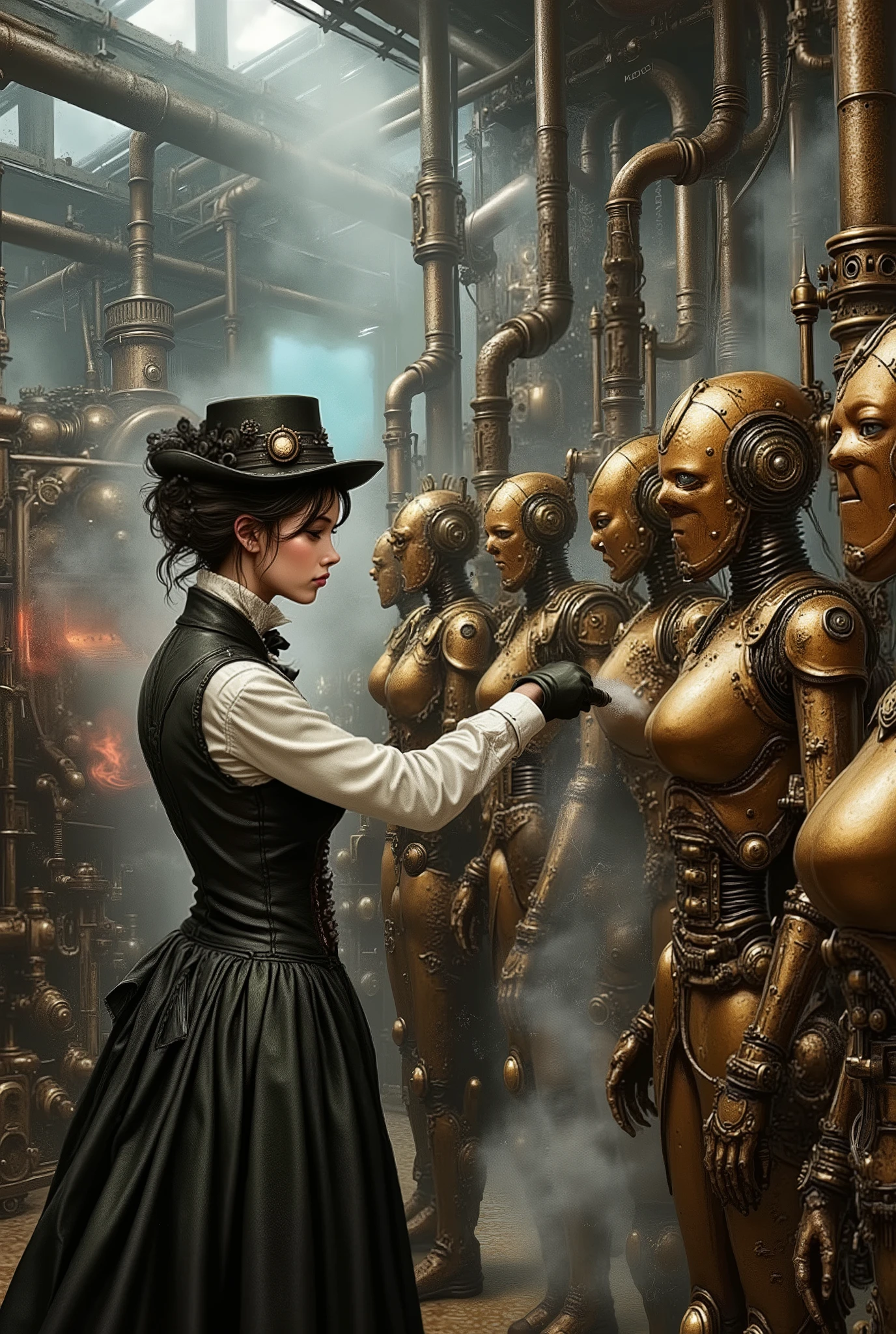 Steampunk Assembly Line, Wearing a Practical Victorian Uniform、Maid of Determination、Carefully Polishes a Series of Humanoid Brass Robots Waiting to Start, Each robot is connected to an overhead pipe that supplies steam power, Industrial Factory Setup with Massive Gears and Pulleys, Colored smoke from various chemical processes produces atmospheric lighting, Full Body Composition Capturing the Entire Production Line, Detailed Machine Elements with Perfect Accuracy, Masterpiece Illustration with Rich Contrast and Color Depth