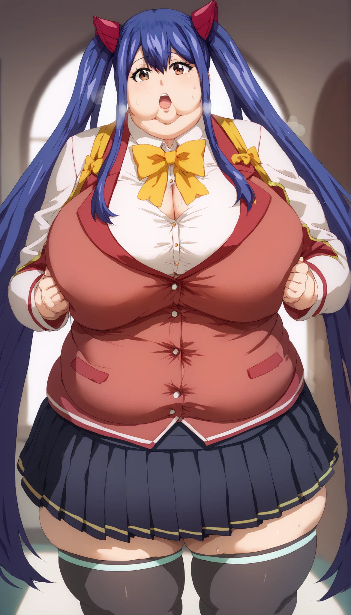 wendy marvell, long hair, hair ornament, ribbon, hair between eyes, twintails, brown eyes, very long hair, blue hair, , , 1 woman solo, skirt, thighhighs, bow, ribbon, pleated skirt, black thighhighs, bowtie, black skirt, zettai ryouiki, yellow bow, yellow ribbon,, pretty beautiful mature old cute curvy slut bbw female woman sexy, chubby ,big hairy milf big, cute, chubby, Obese, huge arms and legs, BBW、big chest wide open mouth, shortness of breath、sweat, puffy cheek