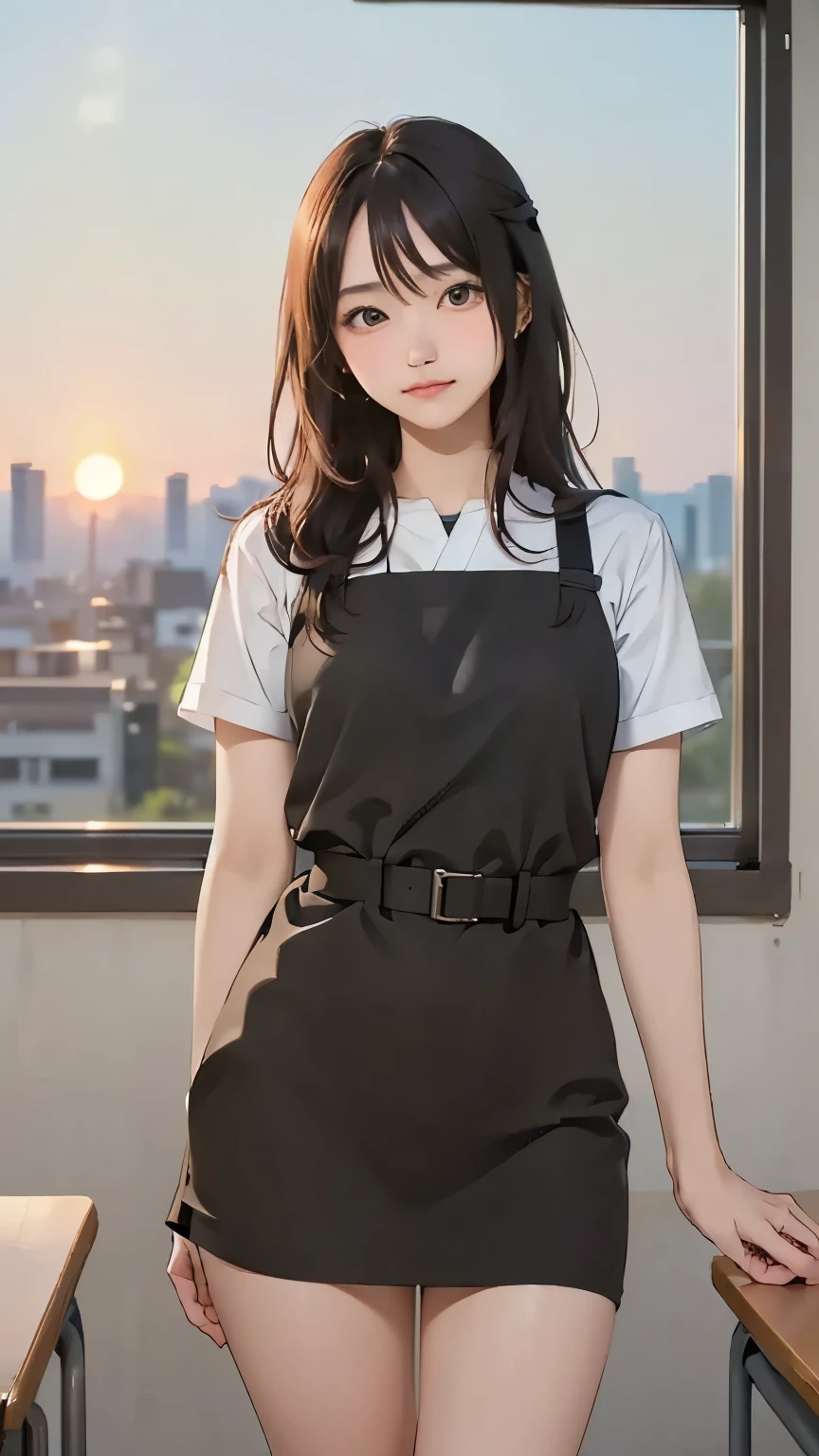 ((masterpiece, best quality)), (((masterpiece, best_quality, highest quality))), (perfect detail, perfect skin:1.2),(highres),  Photoreal-style illustration of a Japanese school girl. 
very long black hair. 
Light brown eyes.   
looking directly at the viewer. 
She is filled with a uniform like a onepiece dress. short-length.
her whole body filled in the canvas. 
beautiful legs are carefully depicted.
she stands in the classroom. 
sunset, dusk, natural lighting. 
realistic art style.