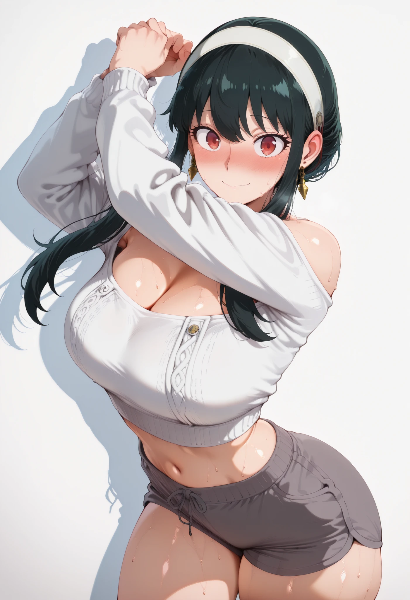 score_9, score_8_up, score_7_up, score_6_up, score_5_up, score_4_up, masterpiece, high quality, yor briar, black hair, red eyes, earrings, white hairband, hairband, long hair, sidelocks, large breasts, shiny skin, shiny hair, shiny body, clear body, large breasts, nose blush, sweat, sweaty, sweaty:1.3,, standing, nice legs,, looking at viewer, thick thigh, thick thighs, nice face, solo, opaque clothes, cowboy shot, nice legs, DYNAMIC POse, , solo, large breasts, thick thigh, dynamic pose, navel ,midriff,,, LOOKING AT VIEWER, WHITE BACKGROUND, EMPTY BACKGROUND, soft smile,, DYNAMIC POSE, white sweater, grey shorts, shoulder cutouts, cleavage, looking at viewer