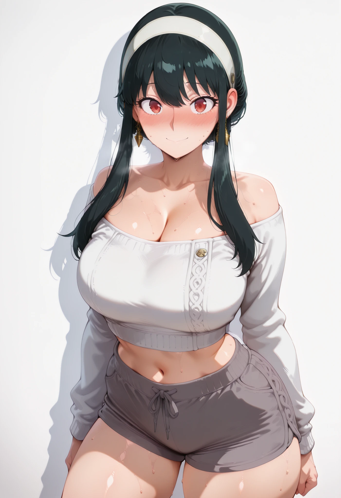 score_9, score_8_up, score_7_up, score_6_up, score_5_up, score_4_up, masterpiece, high quality, yor briar, black hair, red eyes, earrings, white hairband, hairband, long hair, sidelocks, large breasts, shiny skin, shiny hair, shiny body, clear body, large breasts, nose blush, sweat, sweaty, sweaty:1.3,, standing, nice legs,, looking at viewer, thick thigh, thick thighs, nice face, solo, opaque clothes, cowboy shot, nice legs, DYNAMIC POse, , solo, large breasts, thick thigh, dynamic pose, navel ,midriff,,, LOOKING AT VIEWER, WHITE BACKGROUND, EMPTY BACKGROUND, soft smile,, DYNAMIC POSE, white sweater, grey shorts, shoulder cutouts, cleavage, looking at viewer