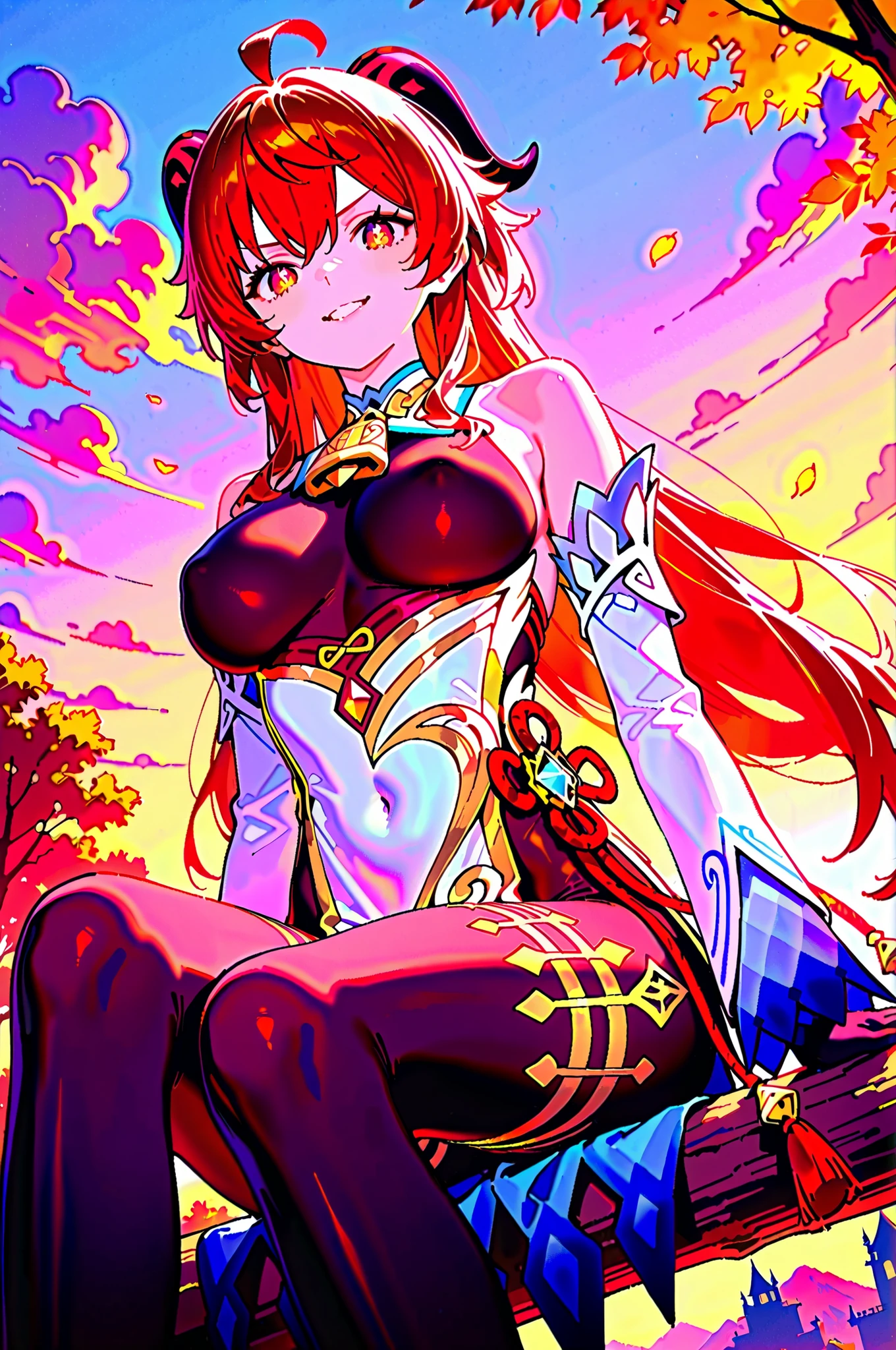 masterpiece, best quality, highres, absurdres, very awa, 1girl, solo, large breasts, red hair, long hair, ganyu \(genshin impact\) \(cosplay\), cosplay, bare shoulders, bodystocking, breasts, collar, detached collar, detached sleeves, gold trim, long sleeves, white collar, white sleeves, outdoors, fantasy, wind, sitting in tree, in tree, sitting, tree, from below, mavkRnd, red eyes, symbol-shaped pupils, ahoge, bell, breasts apart, cowbell, neck bell, black gloves, gloves, black pantyhose, chinese knot, pantyhose, pelvic curtain, tassel, castle, cloudy sky, mountain, dutch angle, looking at viewer, covered navel, v-shaped eyebrows, smile, parted lips
