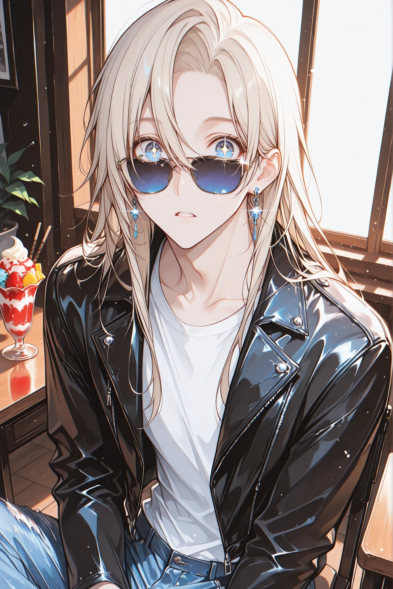 high quality, extremely detailed, masterpiece, bold colors, studio lighting, front lighting, vivid shadows, vivid colors, hard delicate features, 1man, solo, 185cm, sparkling hair, silver-blonde hair, long hair, slim muscle body, looking at viewer, silver-blue eyes, 23 years old, simple ring earrings, cafe background, upturned mouth, beautiful, upper body, white t-shirts, balck leather jacket, denim pants, sneakers, sunglasses, looking at viewer, forehead, bangs(8:2), hair between eyes, sitting, sparkling eyes, parted lips, expressionless, surprised, table, ice cream