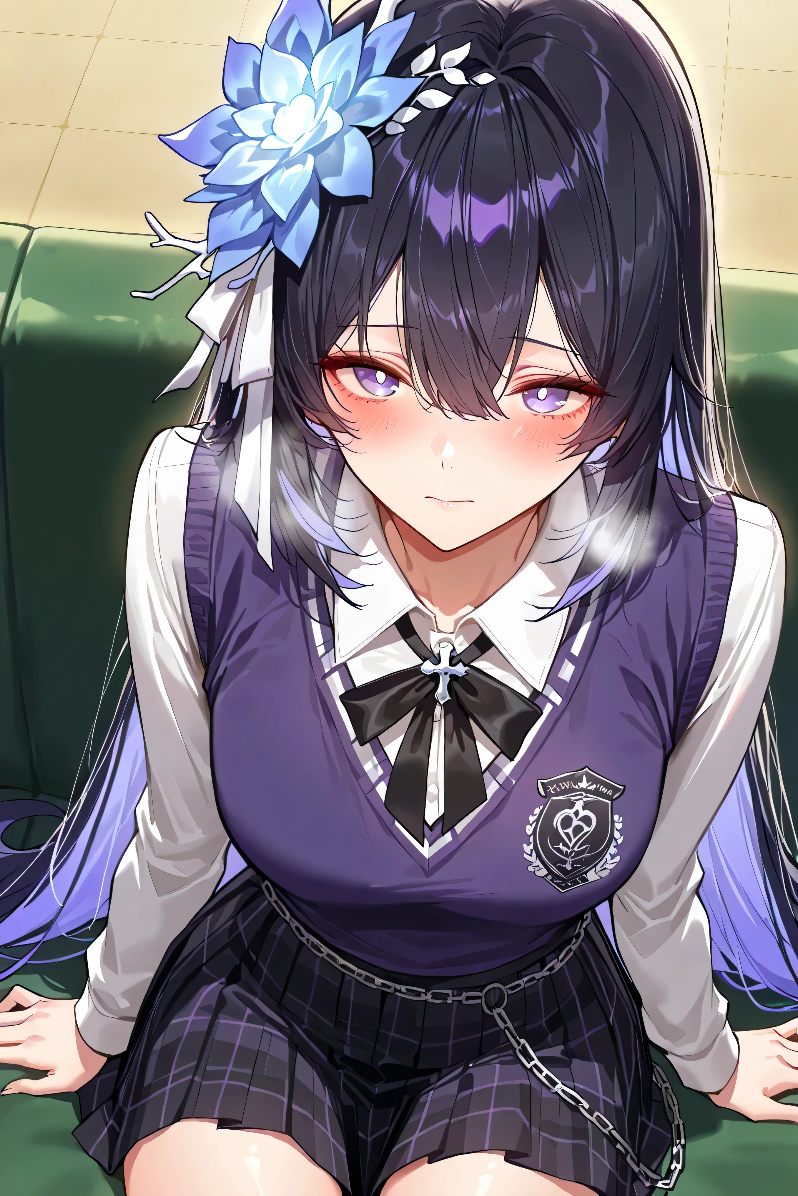 score_9, score_8_up, score_7_up, masterpiece, best quality, very aesthetic, absurdres, tunning image, attractive image, 1girl, adult grown woman, solo, seele vollerei (herrscher of rebirth), black hair, long hair, hair ornament, blue eyes, white pupils, small breasts, masterpiece,best quality,amazing quality, ero404, noona, alternate costume, school uniform, purple sweater vest, embroidered text "SAVIOR", white collared shirt, short pleated skirt, black and purple checkered pattern, edgy style, black tie with chain cross, layered look, safety pin accents, punk academic aesthetic, stylish streetwear uniform, rebellious vibe, clean background, heavy breathing, closed mouth, sitting,