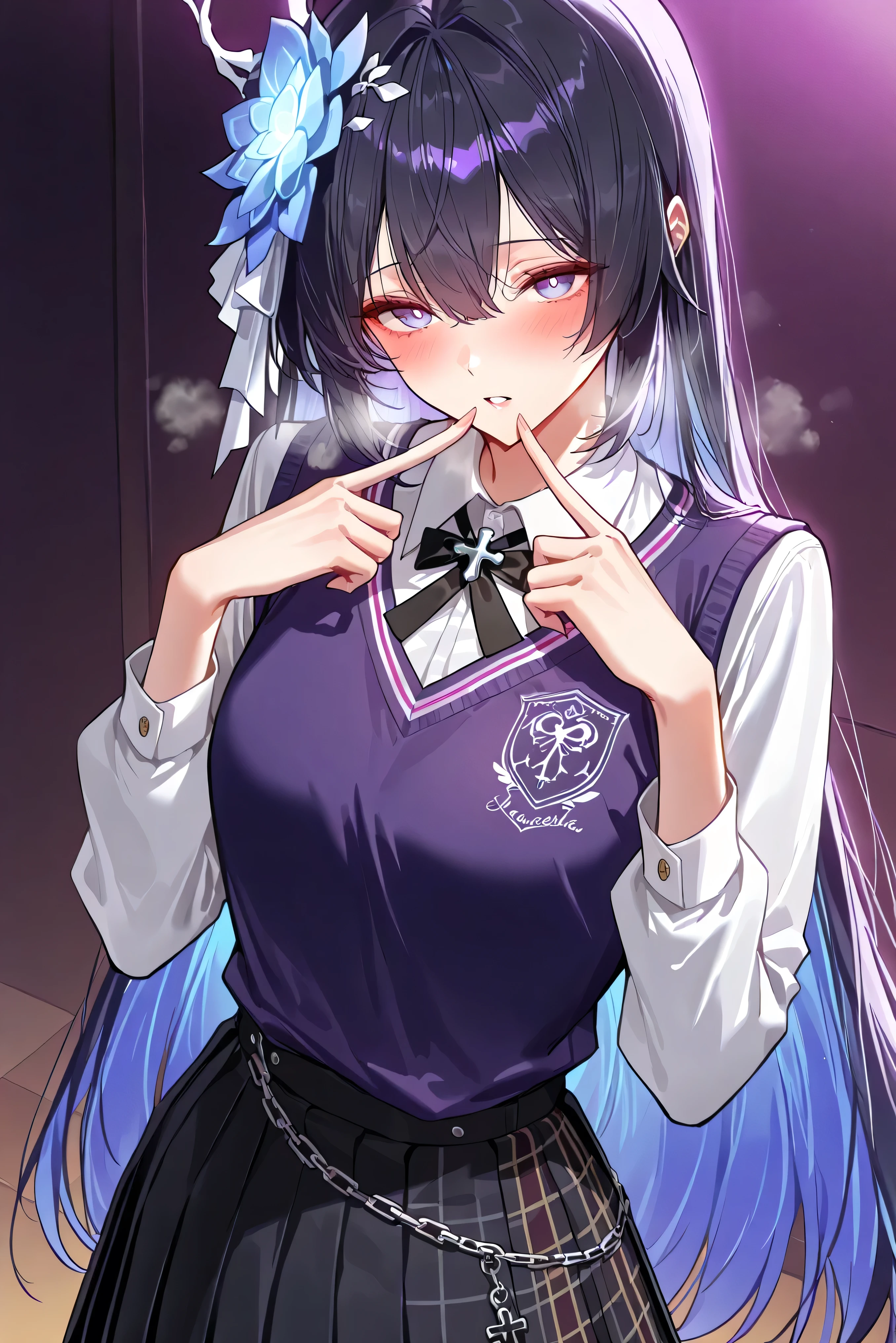 score_9, score_8_up, score_7_up, masterpiece, best quality, very aesthetic, absurdres, tunning image, attractive image, 1girl, adult grown woman, solo, seele vollerei (herrscher of rebirth), black hair, long hair, hair ornament, blue eyes, white pupils, small breasts, masterpiece,best quality,amazing quality, ero404, noona, alternate costume, school uniform, purple sweater vest, embroidered text "SAVIOR", white collared shirt, short pleated skirt, black and purple checkered pattern, edgy style, black tie with chain cross, layered look, safety pin accents, punk academic aesthetic, stylish streetwear uniform, rebellious vibe, clean background, heavy breathing, shisedupose, fingers to lips,