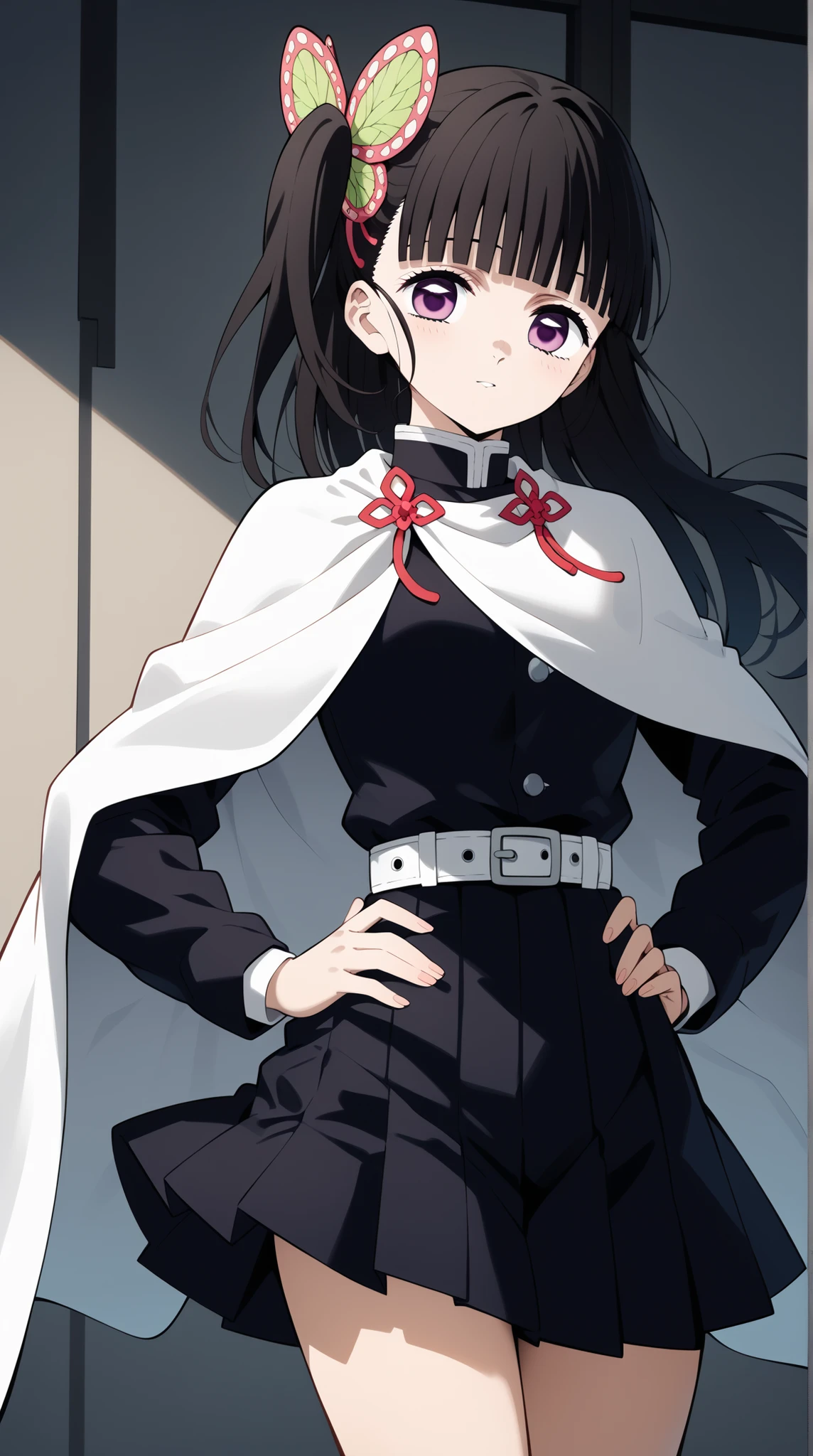 score_9, score_8_up, score_7_up, score_6_up, score_5_up, score_4_up, source_anime, I have a sane , long hair, dark haired, side ponies, hair ornaments, purple eyes, chest, White cape, black shirt, long sleeve, White Belt, pleated skirt, black skirt, standing, cowboy shot, place your hands on your hips, puffy face, grimace, Indoor,Seductively Posing、high kick