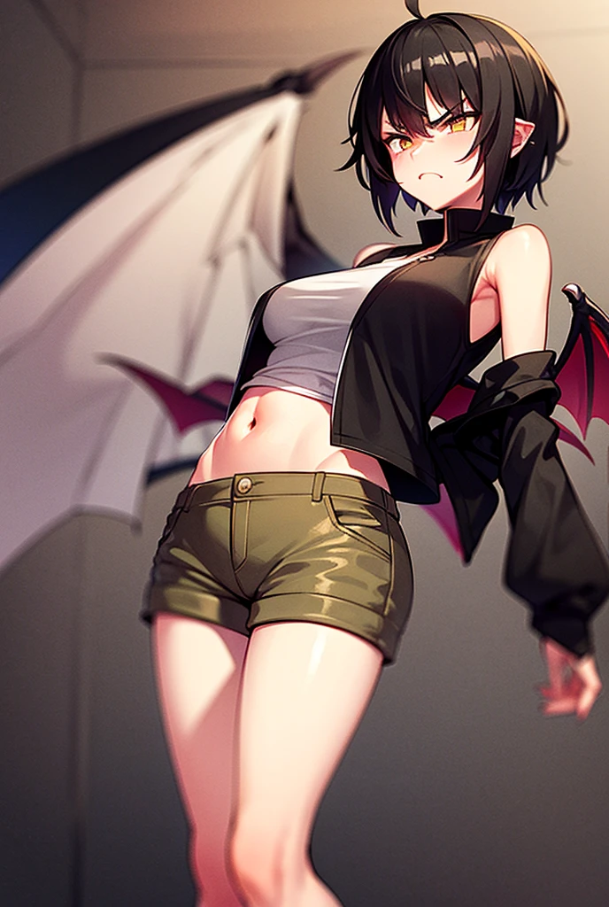tmasterpiece，high high quality，1girl big breasts，solo，hugetits，bob-cut hair，inside room，（A half body：Above thighs），（hair between eye），（Hairstyles：Elf short hair），Bat wings，Disappointed face，looking looking at viewer，(Upper body shorts，upshorts，Crop topping）