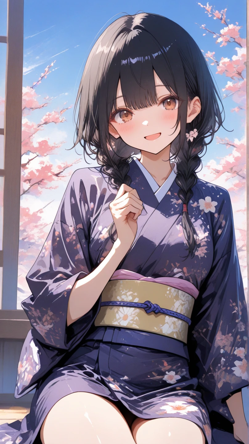 gorgeous lips, cinematic, (masterpiece), (best quality), (ultra-detailed), very aesthetic, illustration, perfect composition, intricate details, absurdres, detailed face, (anime, masterpiece, intricate:1.3), (best quality, hires textures, high detail:1.2), perfect hands, brown eyes,
1girl, very long black hair, wavy hair, low ponytail, side swept bangs, medium breasts, perfect eyes, 8k, highest quality, ultra details,1girl, solo, perfect brown eyes
,(japanese clothes, pale red and purple kimono, fancy print, kimono, yellow sash, wide sleeves, obi) white socks, sandals, silver moon hair clip
sitting on a wooden bench, in a cherry blossom garden, noon time, spring season, falling pink blossom petals,
cinematic lighting, blush, looking at viewer, playing with hair, sparkling eyes, photoshoot, medium full shot, dolly shot, from the front