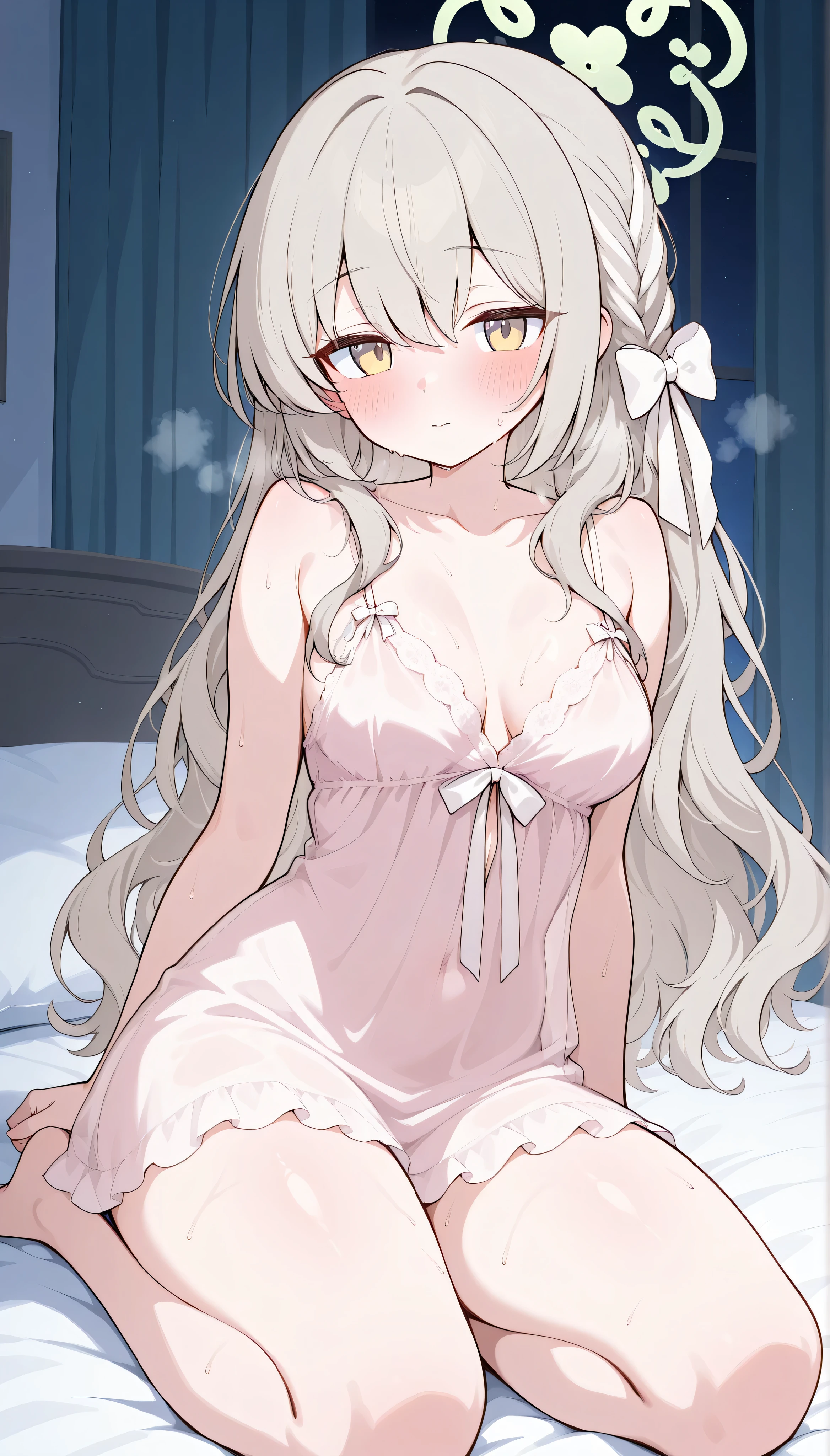 miyo (blue archive), platinumblonde hair, long hair, braid, hair ribbon, white ribbon, multicolored hair, yellow eyes, , halo,　nightgown, negligee, babydoll,　solo, I can see my eyebrows from the inside of my hair, hair between eyes,　 is embarrassing, masterpiece, Best Quality, very aesthetic, thick thighs, Wide pelvis,  blush,　very sweaty,large amount of steam,     arms, barefoot, 　indoor, bed,