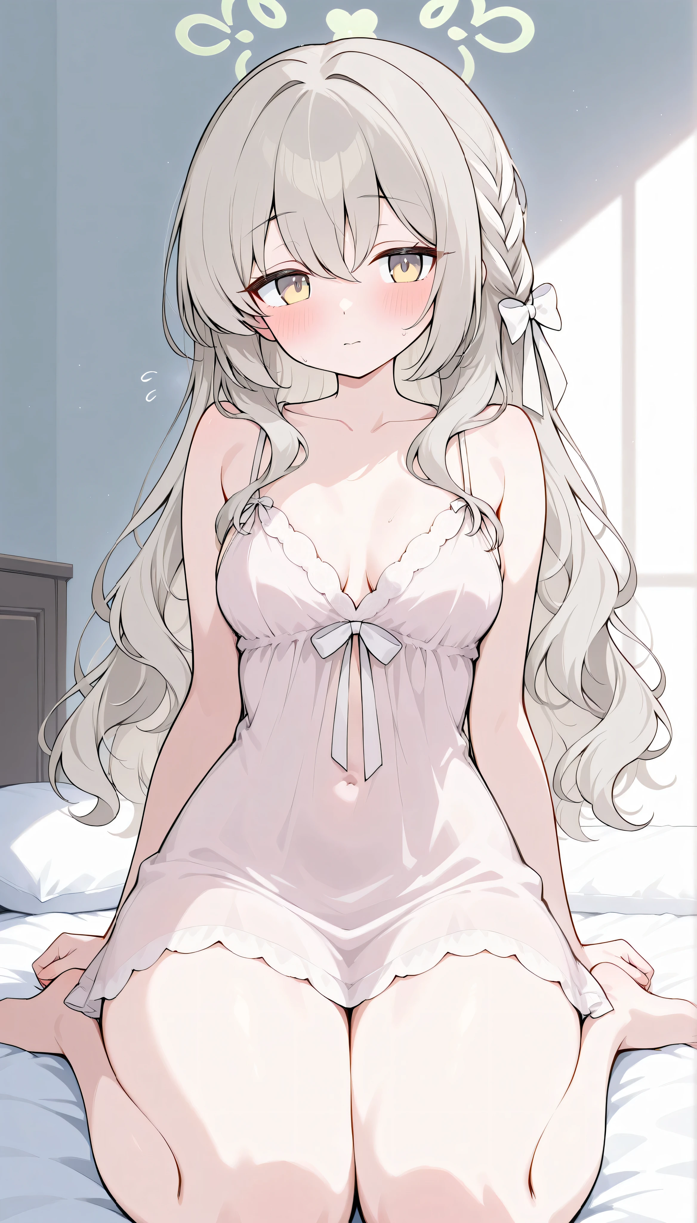 miyo (blue archive), platinumblonde hair, long hair, braid, hair ribbon, white ribbon, multicolored hair, yellow eyes, , halo, nightgown, negligee, babydoll, solo, I can see my eyebrows from the inside of my hair, hair between eyes, is embarrassing, masterpiece, Best Quality, very aesthetic, thick thighs, Wide pelvis, blush, arms, barefoot, indoor, bed,