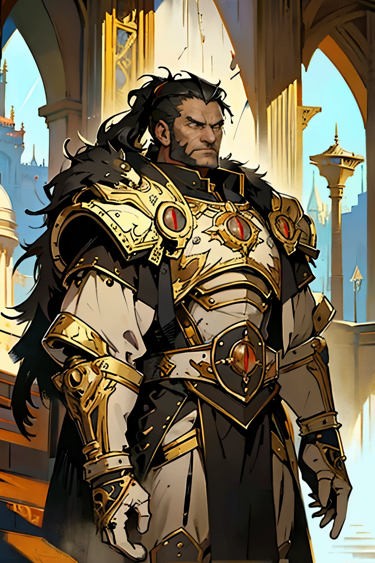 ((Best quality)), ((masterpiece)), ((realistic cartoon)), ((perfect character)):
In this stunning and highly detailed realistic cartoon, we present a male human. The man stands tall, a middle-aged man, stoic face, and he's a psyker and doctor, and powerfully built, he has tan skin, strong board shoulder, muscular body, and long raven black hair tie in low ponytail, he had grey eyes, wore a black artificer power armour for Primarch like him, he wore black lion pelt cloak over his shoulder.
Every element of this masterpiece is carefully designed to create a sense of realism and immersion. The intricacies of the man's clothing, the mesmerizing effects of the area around him and he was in the palace hall, and the level of detail in his weathered face all contribute to a captivating visual experience. This artwork is presented in stunning UHD resolution, allowing you to appreciate every nuance and intricacy in breathtaking detail.
Eye level, scenic, masterpiece.