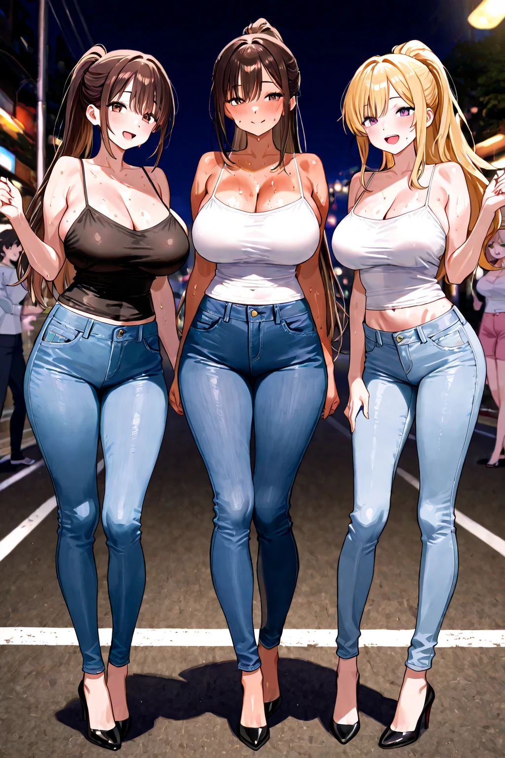 (masterpiece, best quality, ultra high res, beautiful detailed hair detailed face, perfect feminine face), 1girl,  (((bimbo))),(hoop earrings, puffy lips, painted lips, thick lips.:1.2), blonde hair, wide ????, thick thighs, bursting ???????, Nightlife, Night city, Cyberpunk city, futuristic cityscape. Neon lights, (skyscraper:1.1), Tokyo tower, palm tree, cloth sign, ramen stall, night club. bright city lights, exotic car. alcohol, bar, ramen, soup stall ,alcohol bottles, by sakimichan, george kamitani, akira yasuda, alphonse mucha, greg rutkowski, gil elvgren, william-adolphe bouguereau