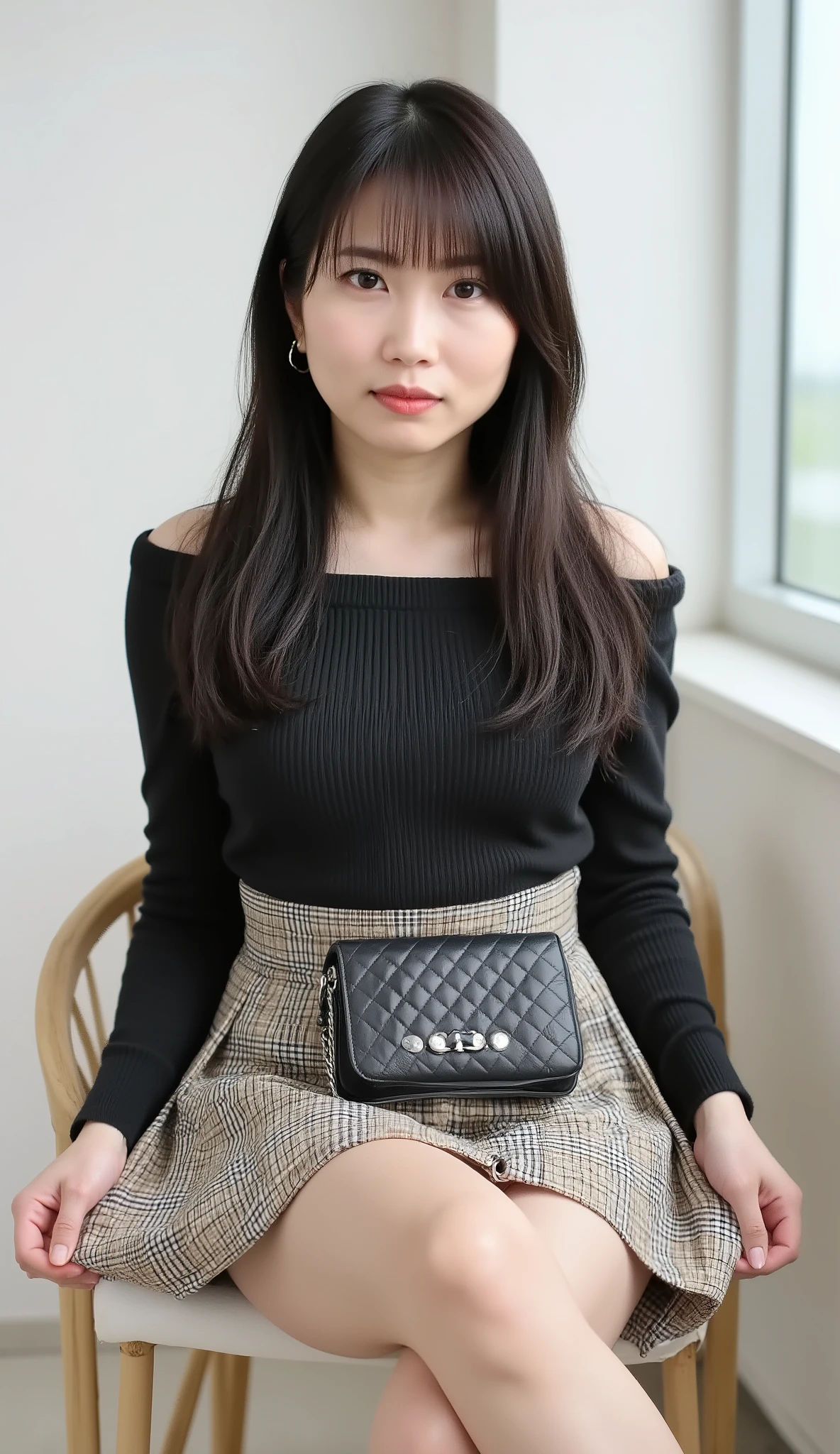 live-action、shot with a Canon EOS R5, 50mm lens, f/2.8 apertur、(masterpiece,best quality:1.4)、Highest Quality、ultra high res、8K、bright room、chair in the building on the edge、front view、Full body photo、Smile Yan、black haired 、straight semi-long、shiny hair、have bangs、(slender style:1.3)、(huge breasts:1.5)、zettai ryouiki、Black off-the-shoulder ribbed knit top with long bell sleeves extending past the wrists; high-waisted beige-and-cream plaid A-line mini skirt with subtle knife pleats and clean hem; black quilted crossbody bag with silver chain strap and flap closure; white ankle socks with folded cuffs; proposed black patent leather platform lace-up shoes with chunky soles、Seductively Posing、lift up skirt 、(undressing:1.3)