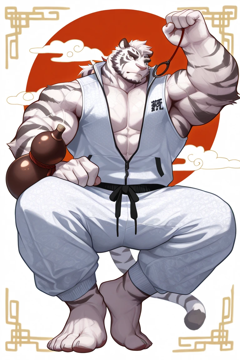 (sfw:1.5), male focus, pharmacist, Handsome 1boy, solitary，protrait photo，single, (Black nails, Black claws, White feet, White feet底板:1.4), White hair, White skin, (Black tiger stripe:1.5), (Black tiger stripes on arms, Black tiger stripes on legs, Black stripes on arms, Black stripes on legs:1.4), (White tail:1.3), White Teeth, (White fangs, Exquisite fangs, Perfect fangs:1.5), Delicate teeth, Perfect Teeth, (Perfect red eyes:1.4), (White body:1.3), 
White Tiger, White Tiger, dragon boy, dragon body, feet, (evil eyes, big eyes, large eyes:1.4), (Chubby, The body is huge, Larger face:1.3), Human feet, (Four toes:1.4), 
(Red cloth wrapped around the , Red Cape:1.4), (:1.1), 
(full body:1.2), Front view, (Middle-aged men, Mature men:1.4), (Strong body, muscle,Strong male, muscle男,   muscles:1.3), Red , (Abdominal muscles:1.4), belly button, ( legs, Strong and strong legs, Strong legs，  arm, Thick arms:1.3), (Sitting, Sitting:1.3), (Looking at the audience, Focus, Eyes gaze:1.1), enjoy, (evil smile, evil grin, Smirk, evil smile, Evil smile:1.5), (Raise your hand:1.2), (Holding red potion in hand:1.4), 
full background, Stone brick floors, Stone Wall, indoor, (Potion Rack, Wooden frame, Pharmacy potion bottle:1.2), night, Candle,, Dim environment,
Mysterious and romantic atmosphere, Caustic lines(refraction, polarization)Perfect anatomical structure, absurd, Detailed background, (Delicate eyes:1.3),Printing style。((artist:Takemoto Arashi))