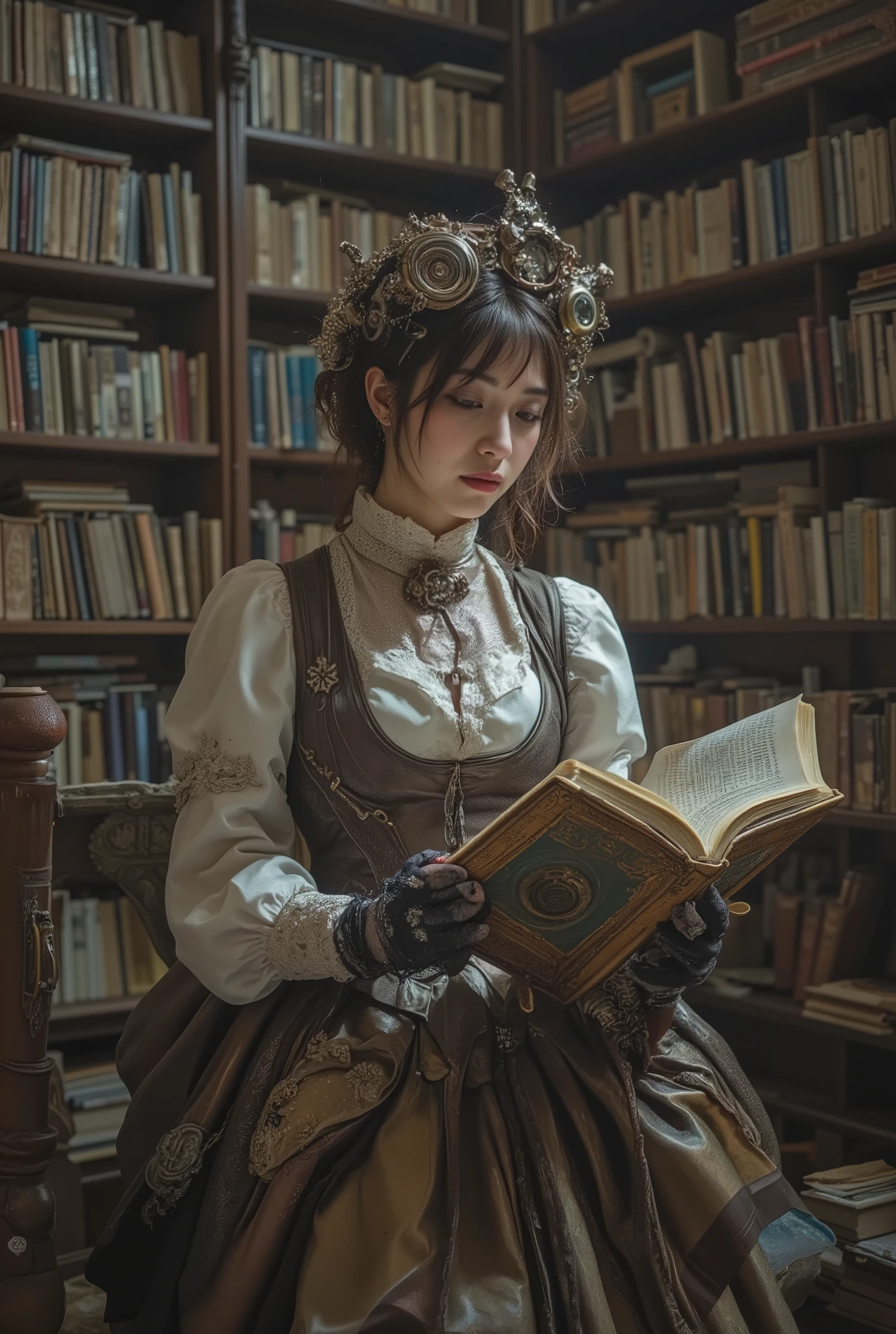 a beautiful woman wearing steampunk couture in a library, reading the bible. Intricate details, raw photography
