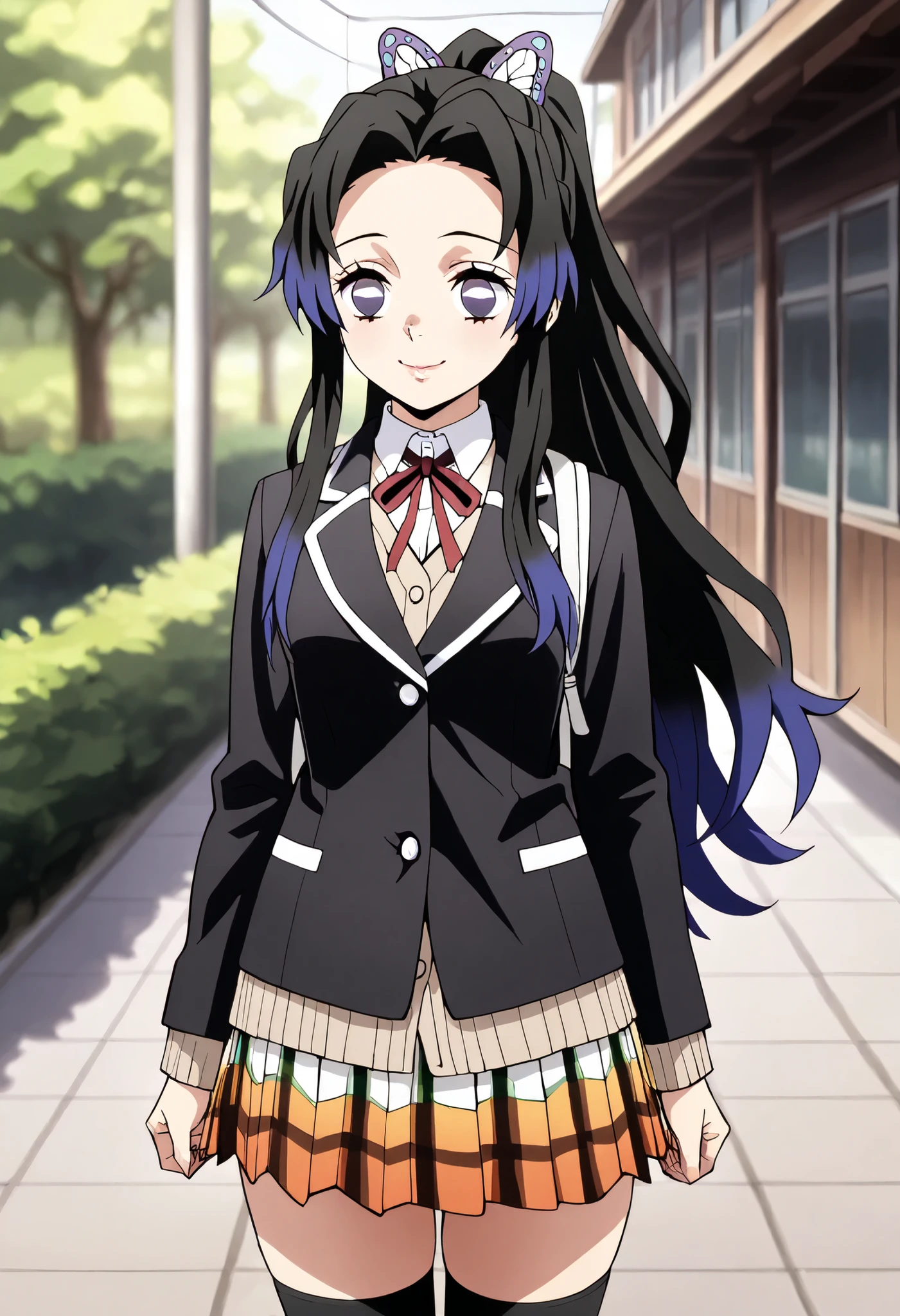 Shinobu Kocho, black hair, butterfly hair ornament, forehead, degraded hair, hair ornament, multicolored hair, split bangs, by the red, ponytail hair, bicolor hair,line of motion、demon slayer、 colored anime 、teenage woman、 Masterpiece、 high quality、 eyes open , blazer, black jacket, collared shirt, white shirt, brown cardigan, neck ribbon, red ribbon, long sleeves, plaid skirt, pleated skirt, multicolored skirt, black thighhighs,rouge lips ,closed mouth, morning perfectas,smile, day, butterfly hair ornament, cowboy shot ,outdoor ,school commute