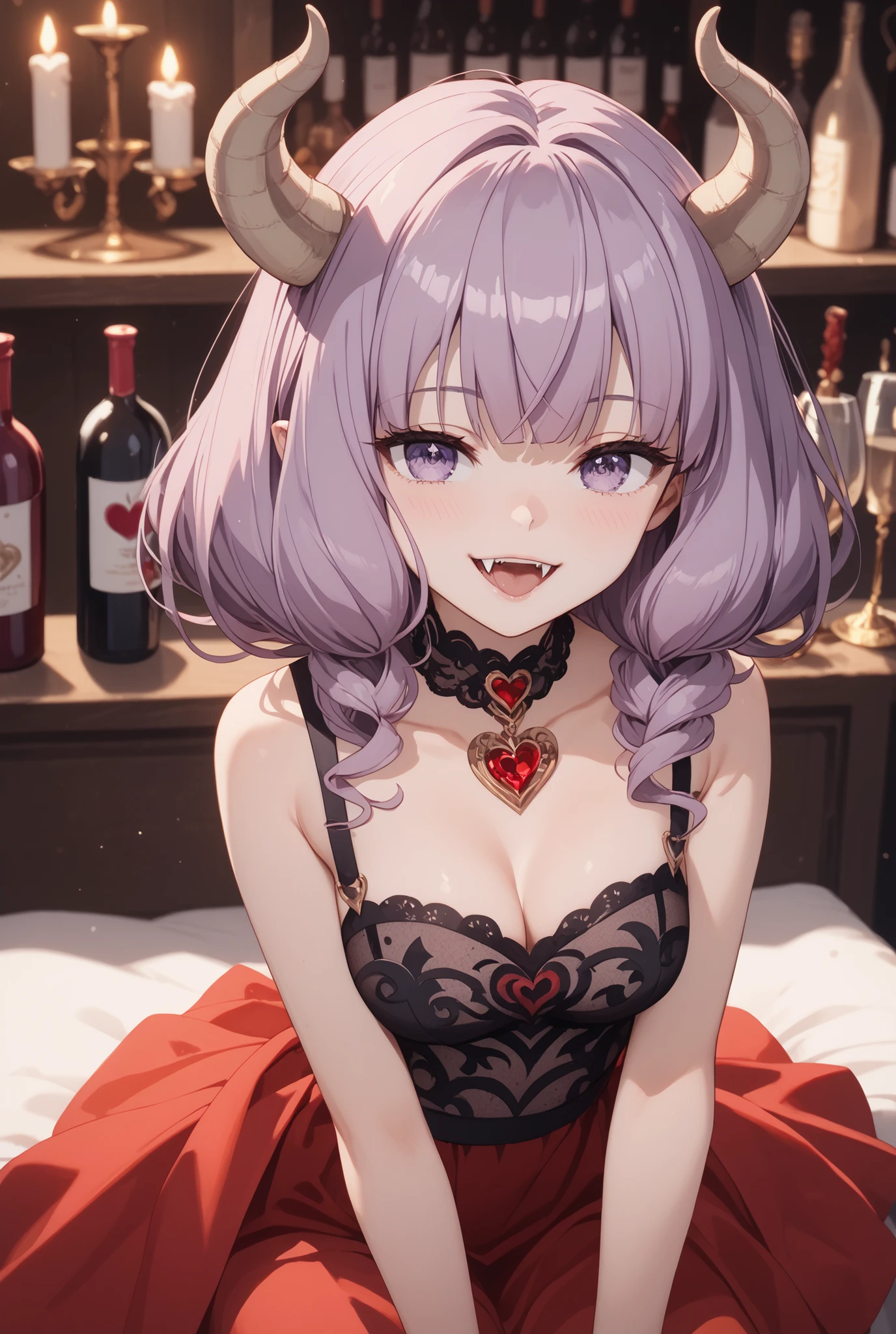 masterpiece,Super Detailed,beautiful faces,and high precision,cute devil girl,(One woman between the stores),sitting on the devil's dim bedroom bed,has a devil candle holder behind the bed、candle is lit,ecstatic, Expression of victory ,I can see slightly red underwear,light reddish purple hair,Thin hanging eye shape,Light Purple Eyes,voluminous bob hair,I have 2 fangs in my mouth,holding a wine glass with red wine in his right hand,
very cute,doing a devil's ceremony,their cheeks are blurry and red, cowboy shot,