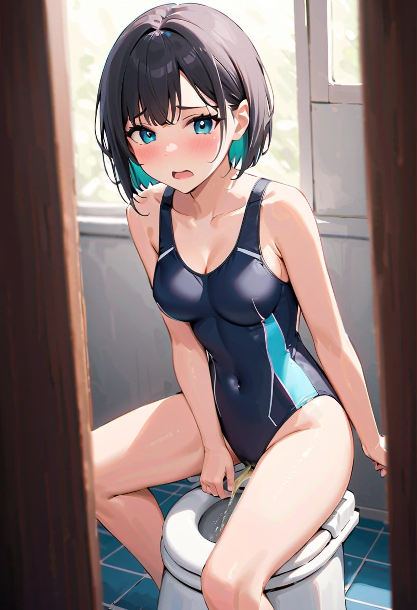 18 year old black man, Dark Skin、Visible 、Berry Short、boyish、small size of , Flat 、Sidelim body, Squat posture、Spread your legs, Spread your legs, Only one girl, One piece swimsuit、Navy blue school swimsuit、Front of body、looking at the camera、Scared、Shame play、Embarrassing、Are crying、Flowing Tears、barefoot、Girl urinating outdoors、Armpits、Hands behind head